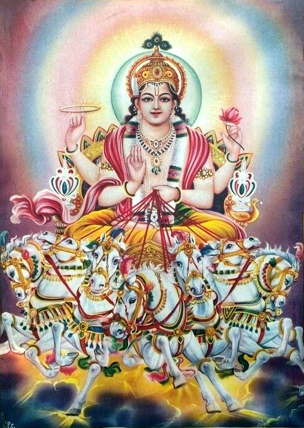 hindu iPhone 桌布 壁紙 — 一位閃耀的多臂印度教女神，佩戴珠寶，身穿紅黃色服飾，駕著由七匹白馬拉動的戰車，背景是發光帶光環的天空。