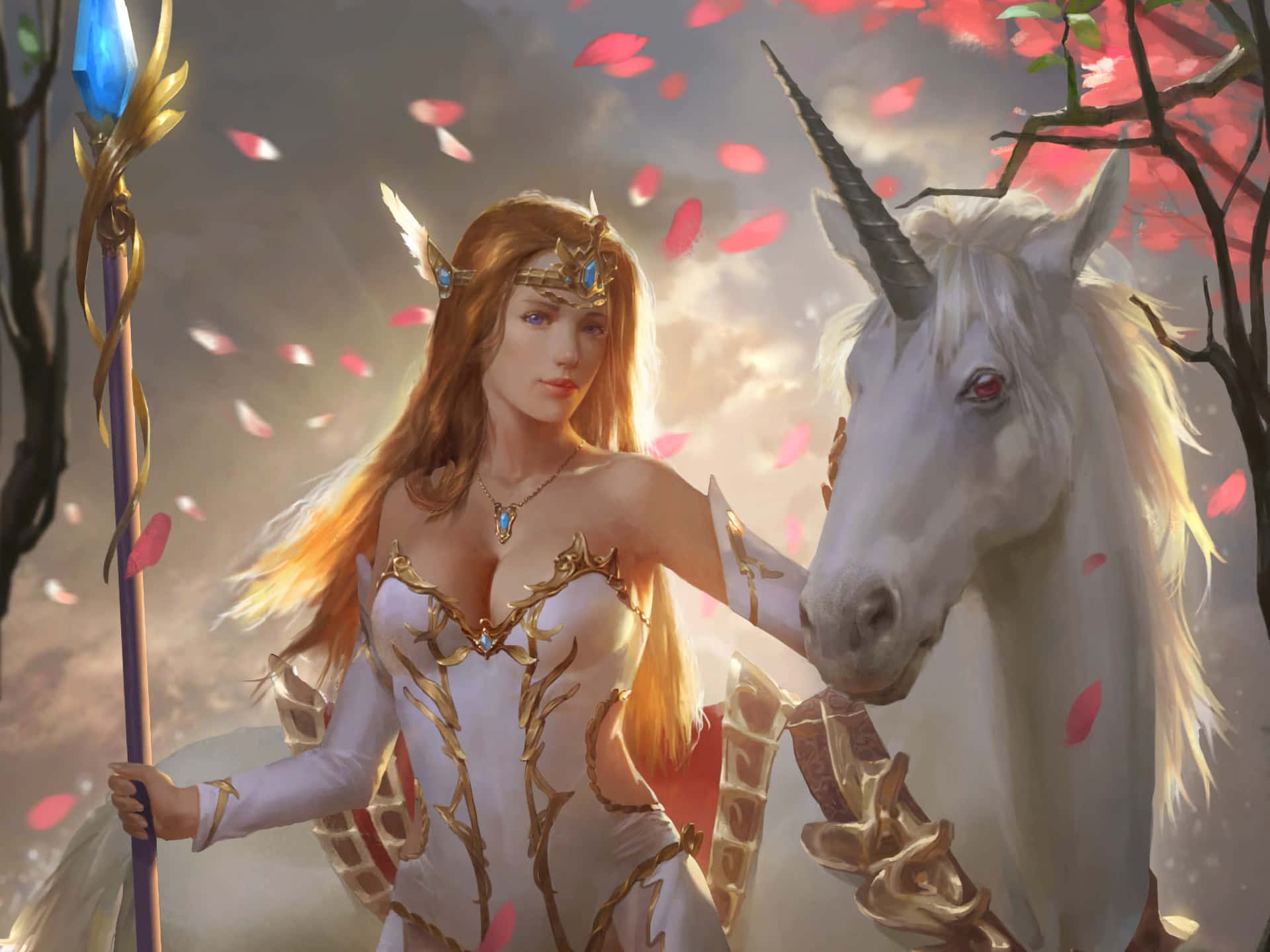 Unicorn Coloring 桌布 壁紙 — 一位閃耀的奇幻女王，頭戴金色角，與一隻白色獨角獸站在柔和的天空下，周圍飄落著粉紅色的花瓣。