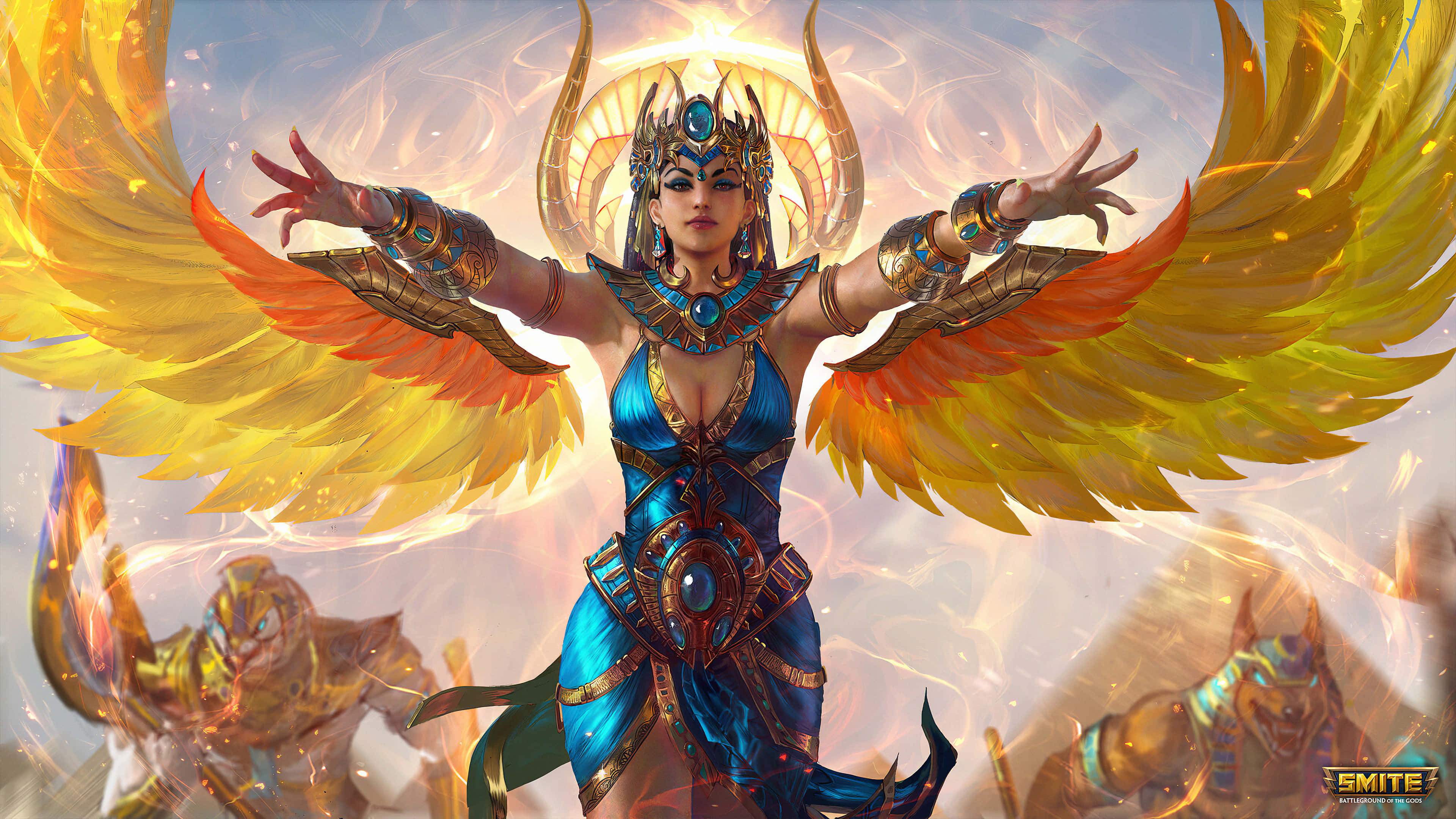 Smite 桌布 壁紙 — 一位閃耀的女神，擁有金色翅膀和藍色盔甲，在發光的天空下勝利地站立，神聖能量在她周圍旋轉。
