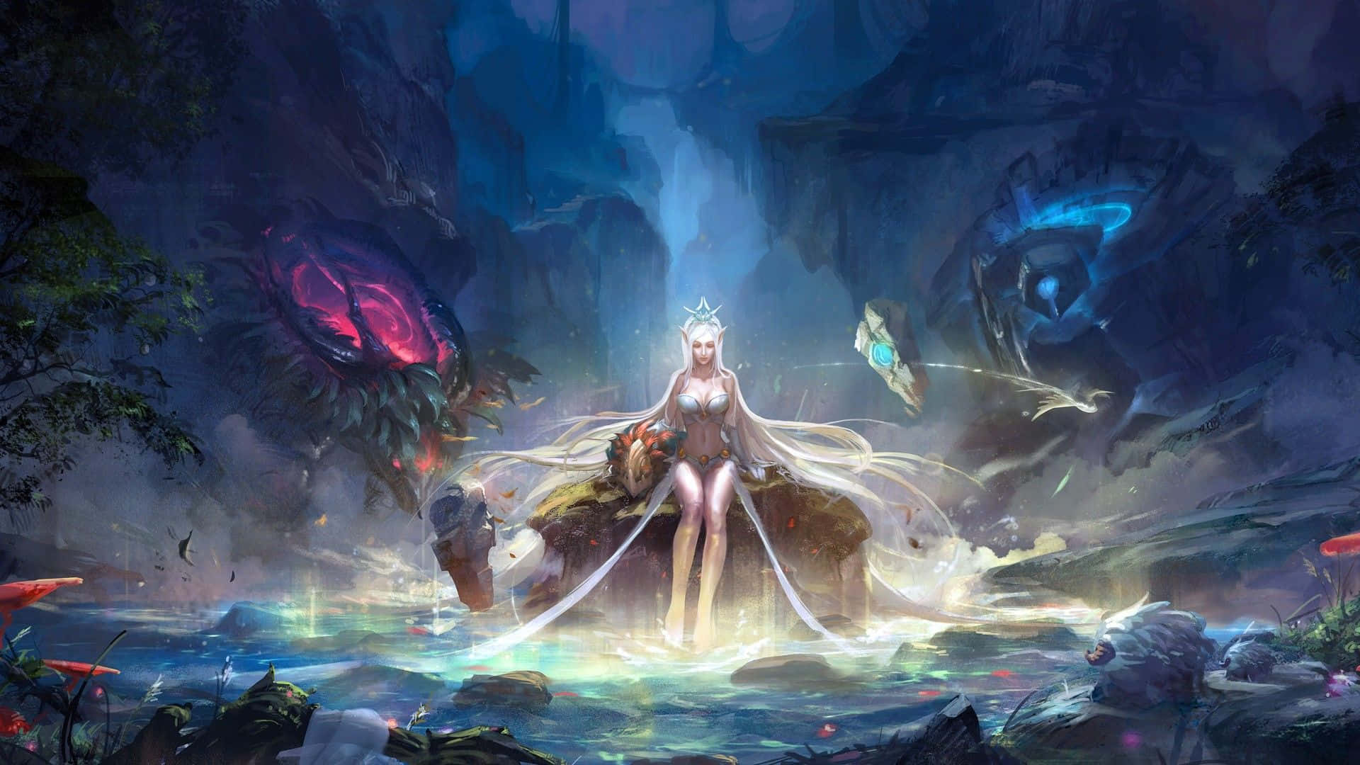 1920x1080 League Of Legends 桌布 壁紙 — 一位閃耀的戴冠女子站在發光的水中，被神秘的生物和發光的植物環繞，身處黑暗奇幻洞穴。