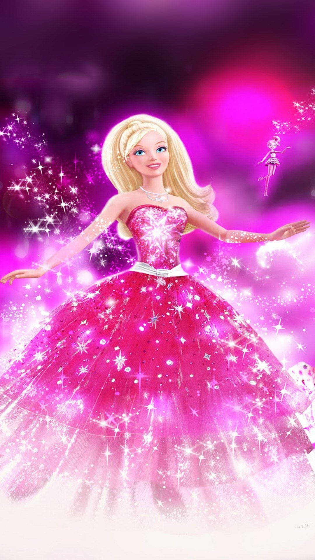 Princess 桌布 壁紙 — 一位閃耀的芭比穿著閃亮粉紅色禮服，站在魔法紫色星空之中，身旁有一位小仙子同伴。