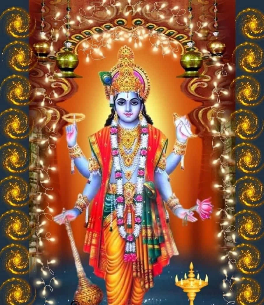 Indian God 桌布 壁紙 — 一位閃耀的藍皮膚印度教神祇，有多隻手臂，飾有黃金珠寶和色彩繽紛的服裝，站在一個發光的拱門下，拱門裝飾著懸掛的燈籠和旋轉的金色圖案。
