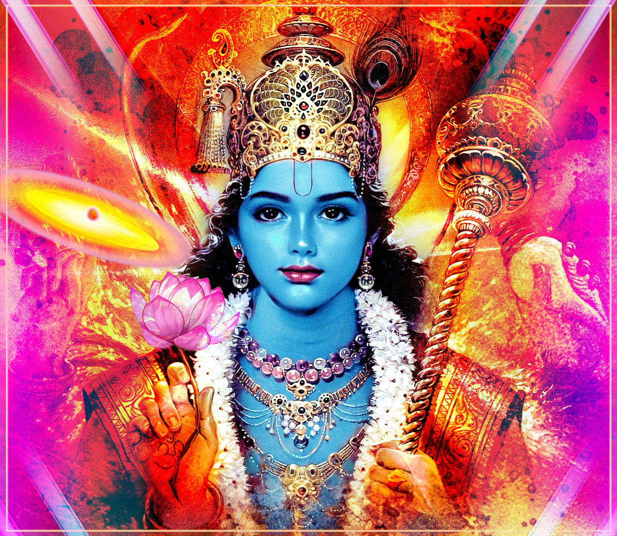 krishna god 桌布 壁紙 — 一位閃耀的藍皮膚神祇，戴著華麗的金色王冠和珠寶，在熾熱的宇宙背景中手持蓮花和權杖。