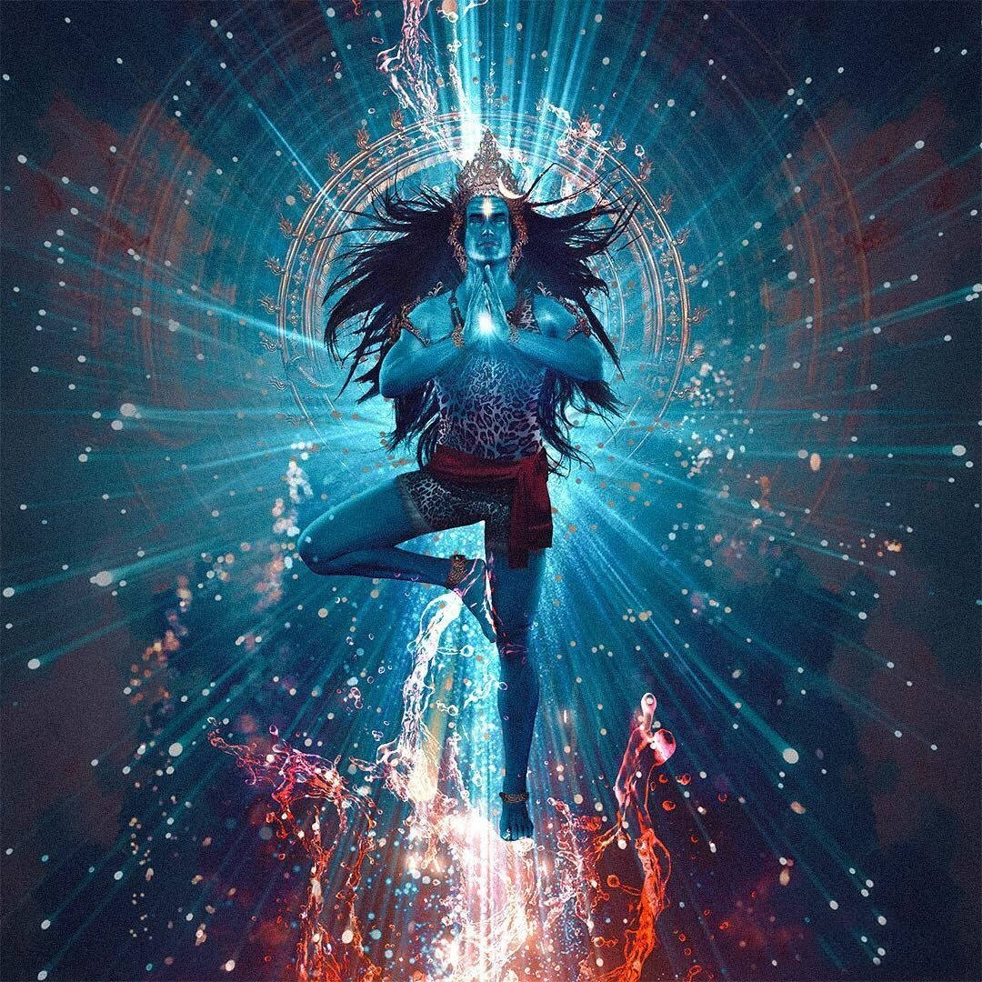 Meditation 桌布 壁紙 — 一位閃耀的藍皮膚神祇以樹式姿勢，在宇宙能量漩渦上方從雙手散發神聖光芒。