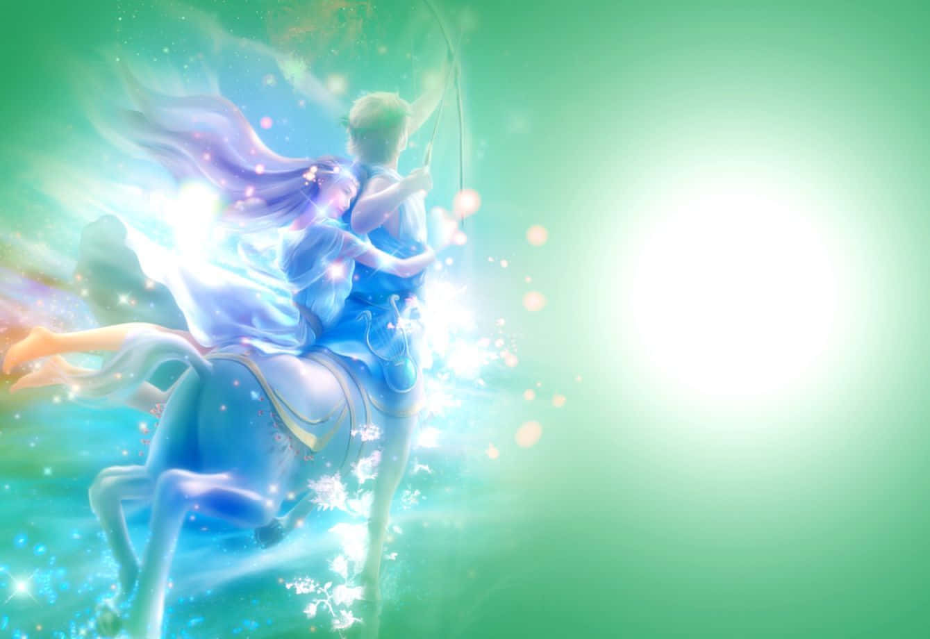 sagittarius 桌布 壁紙 — 一位閃耀的藍髮人物騎著一匹發光的馬，穿越閃爍的綠色天空，伴隨著明亮的光暈。