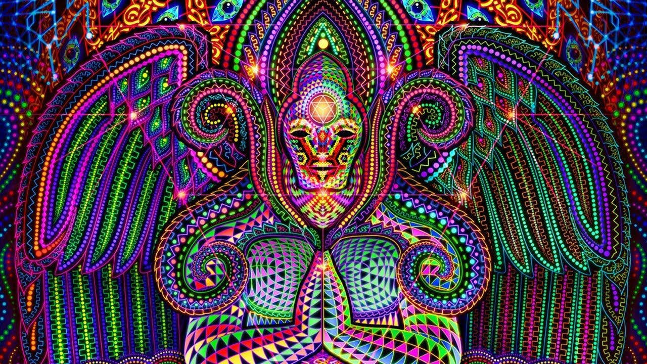 一幅充滿活力的數位藝術作品，描繪對稱的有翼神祇，帶有霓虹幾何圖案。 — 濕婆神 壁紙