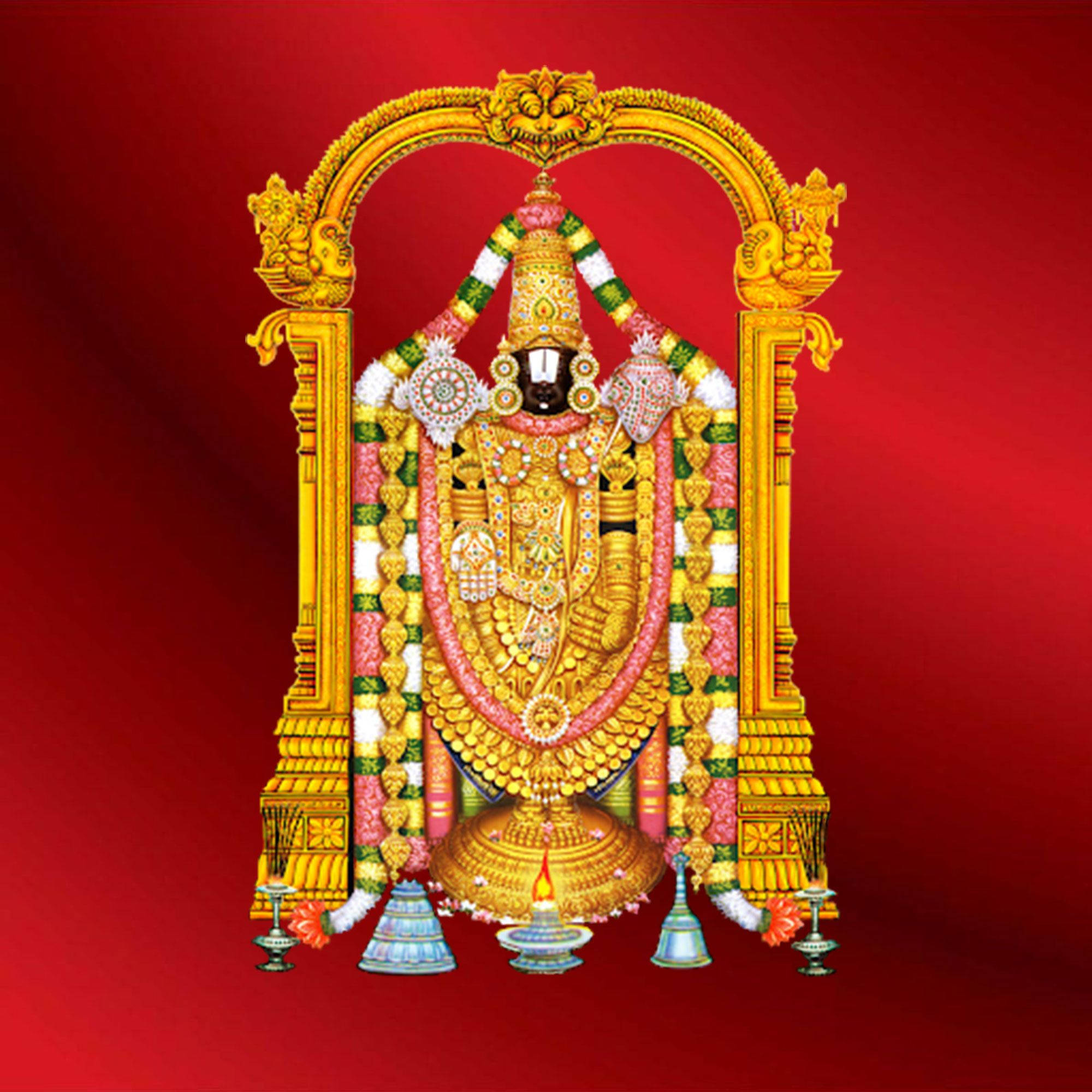Vishnu 桌布 壁紙 — 一位閃耀的金色神祇，裝飾著色彩繽紛的花環和精緻的珠寶，站在一個華麗的拱門內，背景是深紅色。