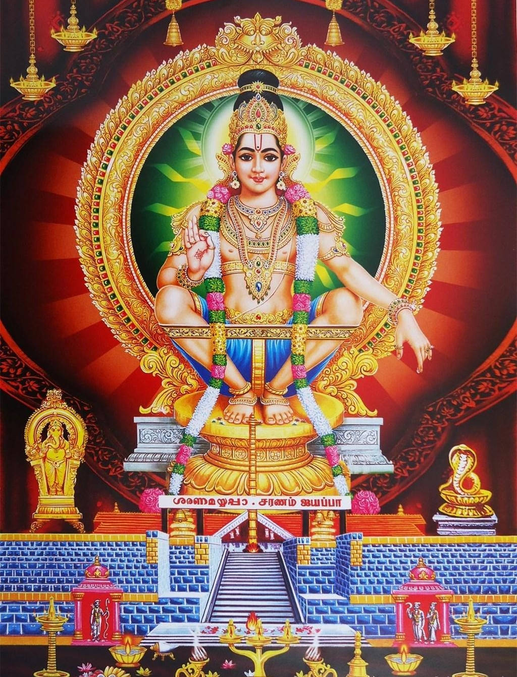 hindu iPhone 桌布 壁紙 — 一位閃耀的金色神祇，飾以珠寶和鮮花，在華麗的寺廟環境中安詳地坐在寶座上。