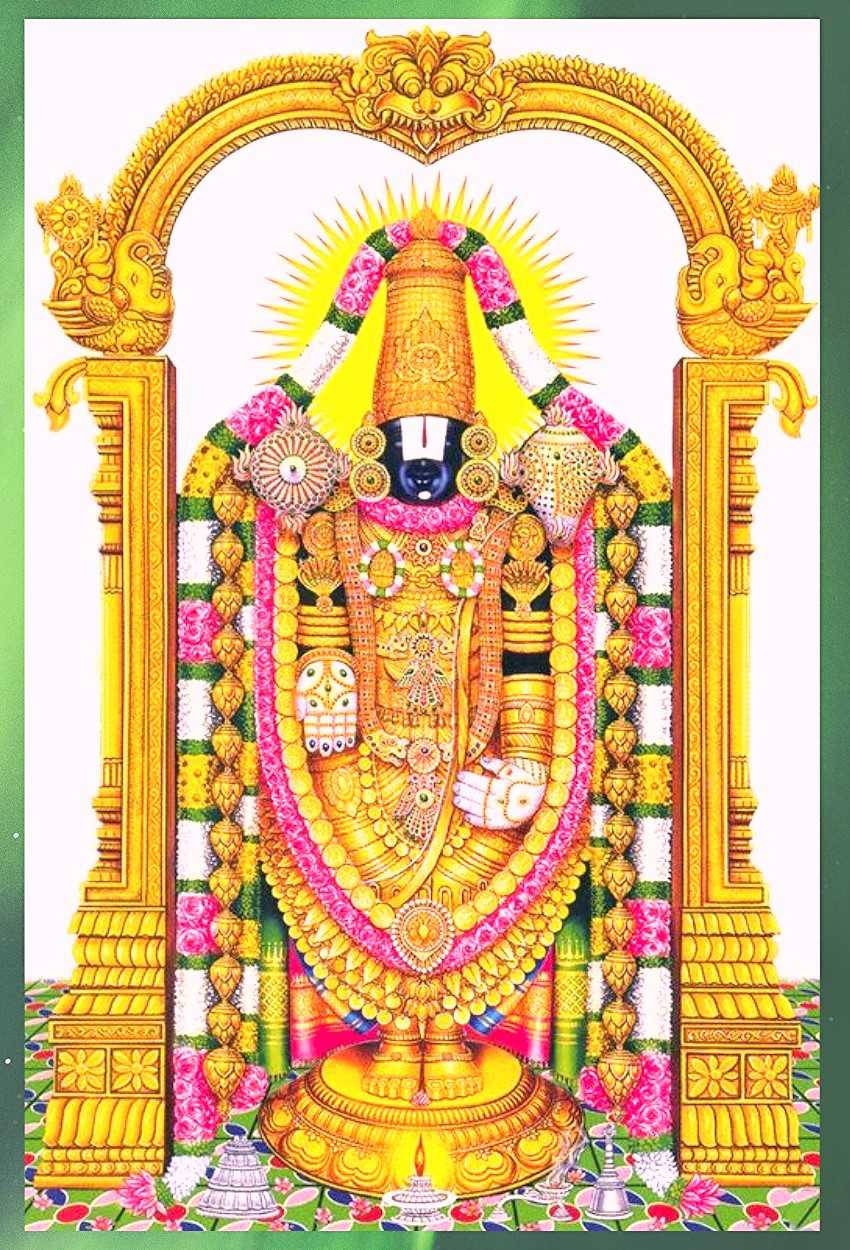 Venkateswara 桌布 壁紙 — 一位閃耀的金色神祇，飾以粉紅和白色花環，站在白色背景的華麗拱門內。