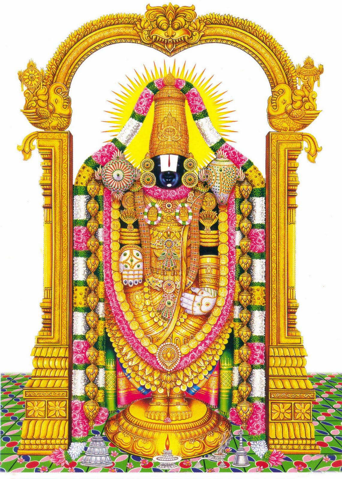Venkateswara 桌布 壁紙 — 一位閃耀的金色神祇，飾以精緻珠寶和花環，矗立於華麗的寺廟拱門內。