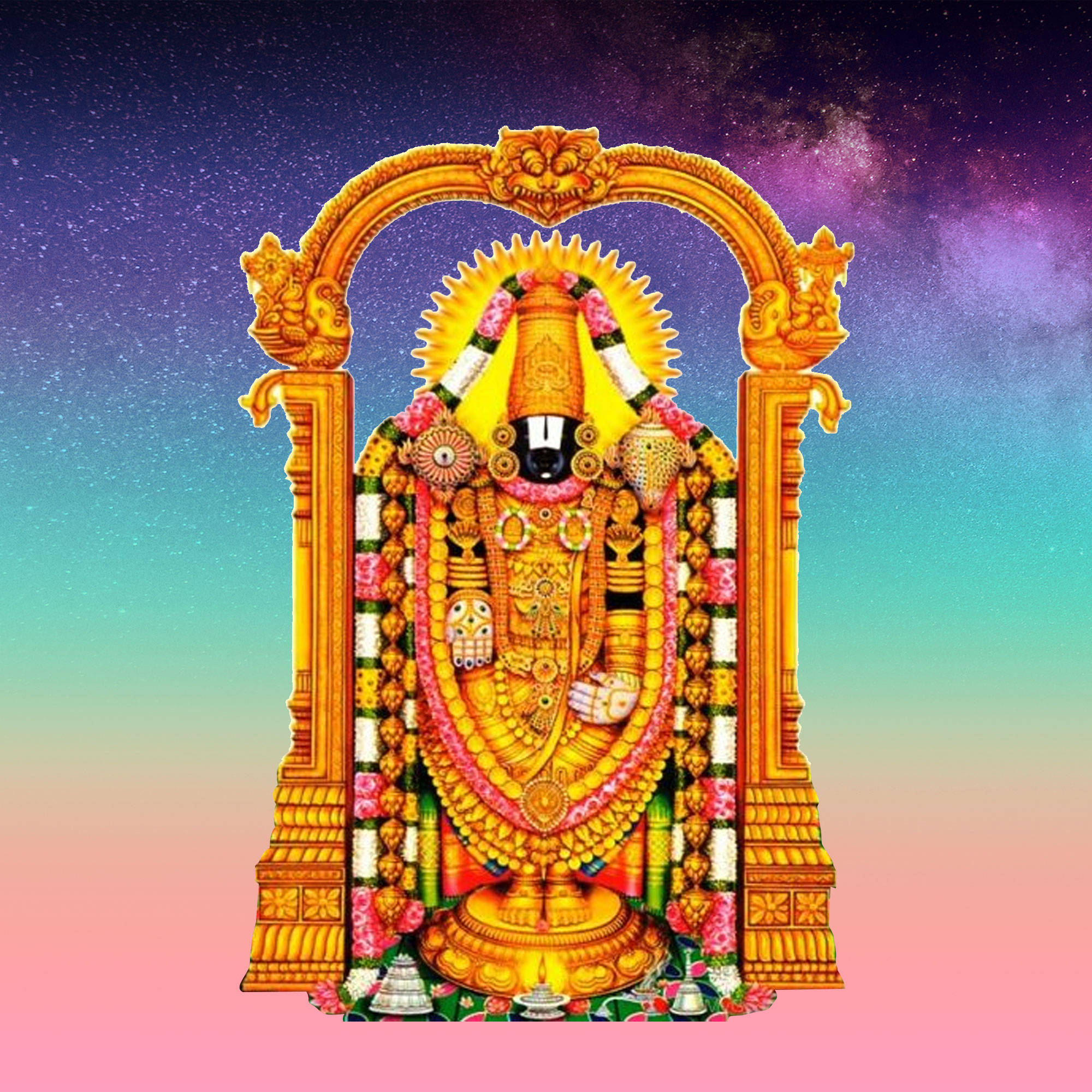 Hindu God 桌布 壁紙 — 一位閃耀的金色神祇，飾以色彩繽紛的花朵和精緻珠寶，站在天穹拱門下，背景是星光漸變的天空。