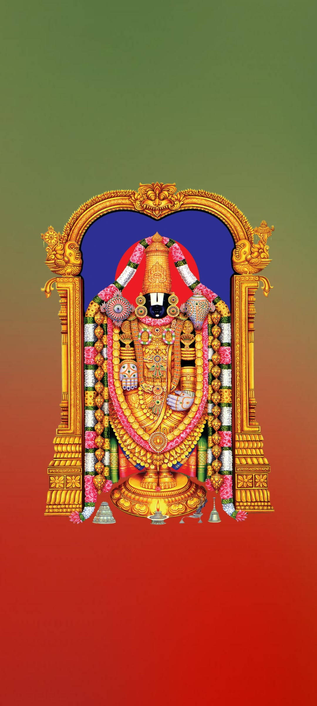 Vishnu 桌布 壁紙 — 一位閃耀的金色神祇，飾以色彩繽紛的花朵和珠寶，端坐在華麗拱門內，背景為紅綠漸變色。
