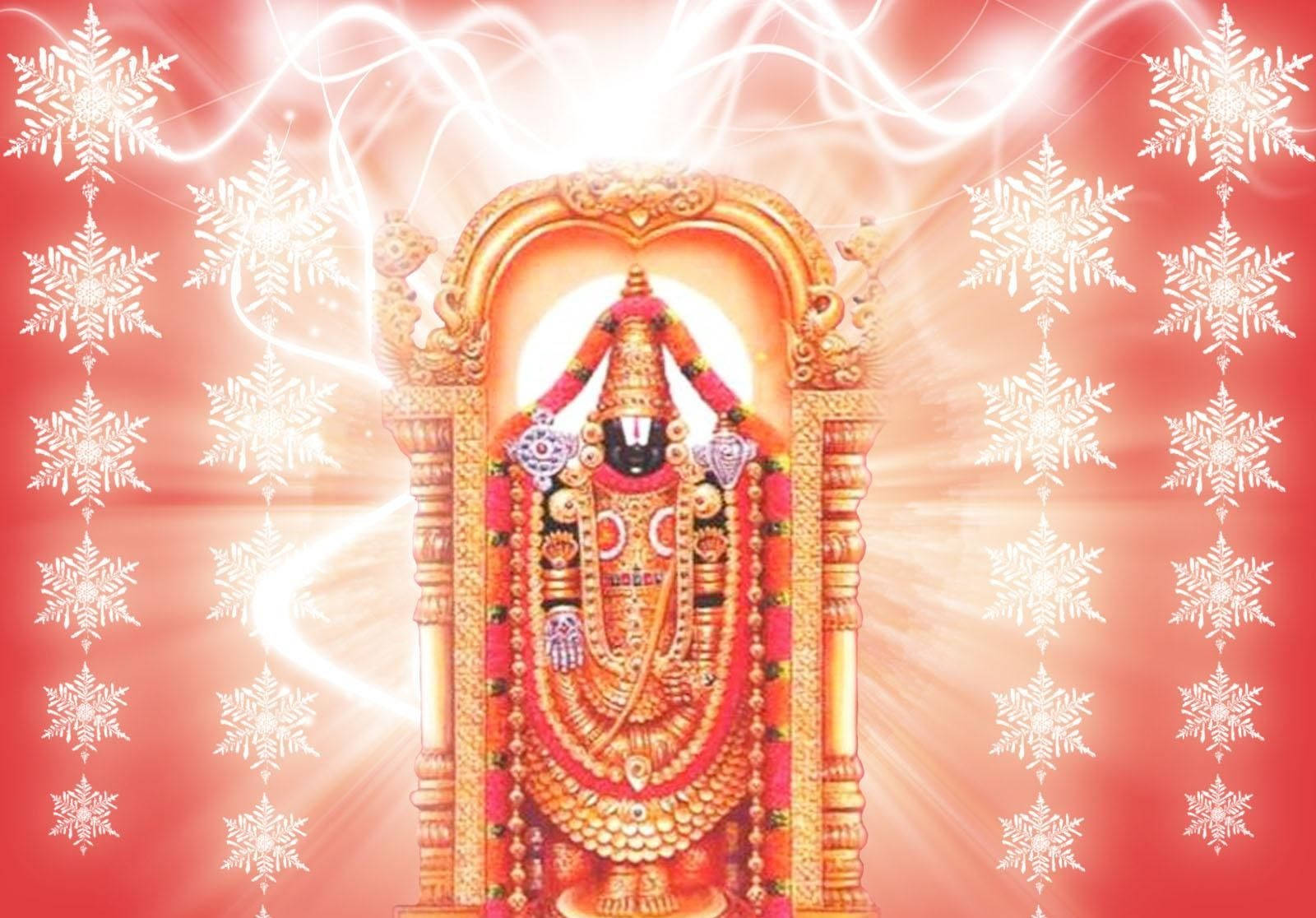 lord venkateswara HD 桌布 壁紙 — 一位閃耀的金色神祇，飾有珠寶和鮮花，站在華麗的神龕中，背景是帶有白色雪花圖案的發光紅色。