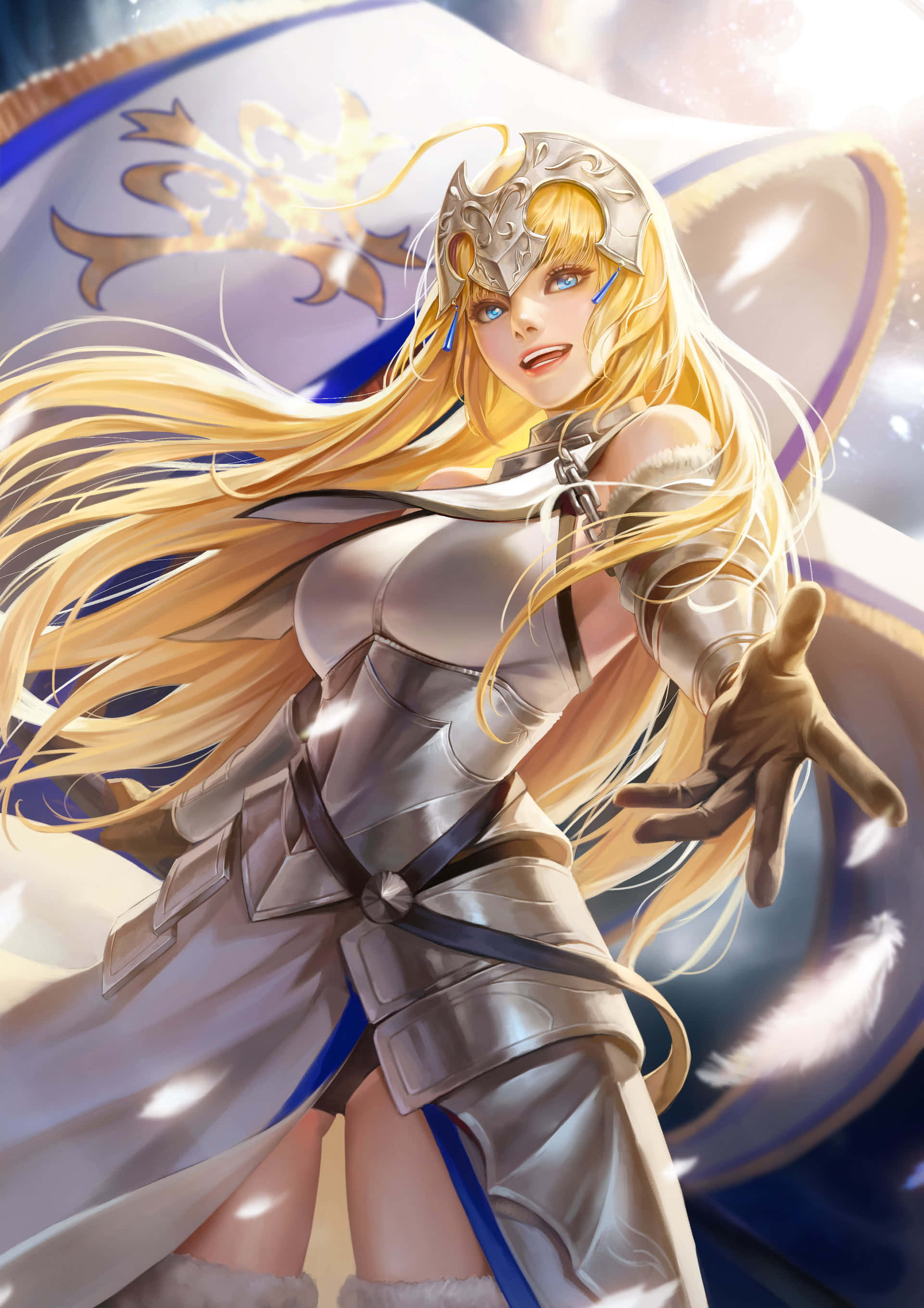 Fate/Grand Order 桌布 壁紙 — 一位閃耀的金髮動漫騎士身穿銀色盔甲，在發光的藍白橫幅背景下向前伸出手。