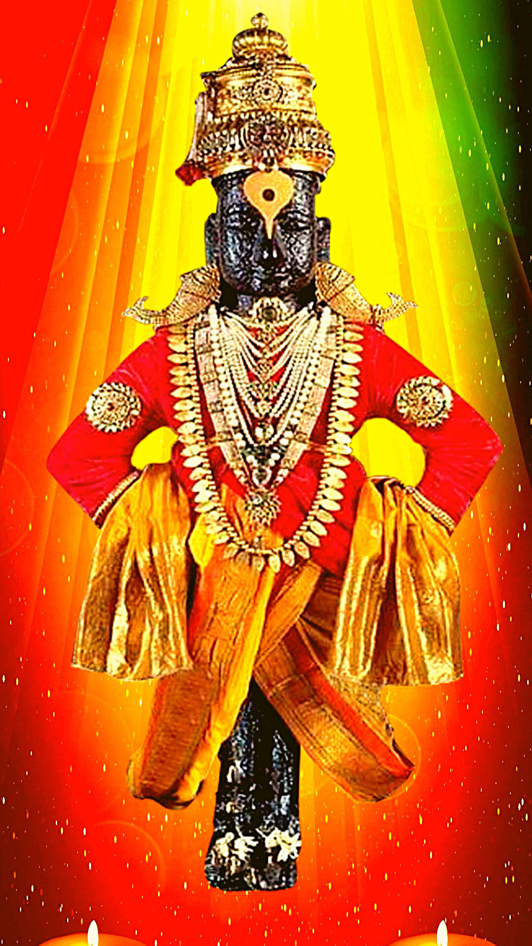 hanuman ji HD 桌布 壁紙 — 一位閃耀的黑皮膚神祇，飾有黃金珠寶和紅色服飾，站在鮮豔的彩虹漸變背景前。