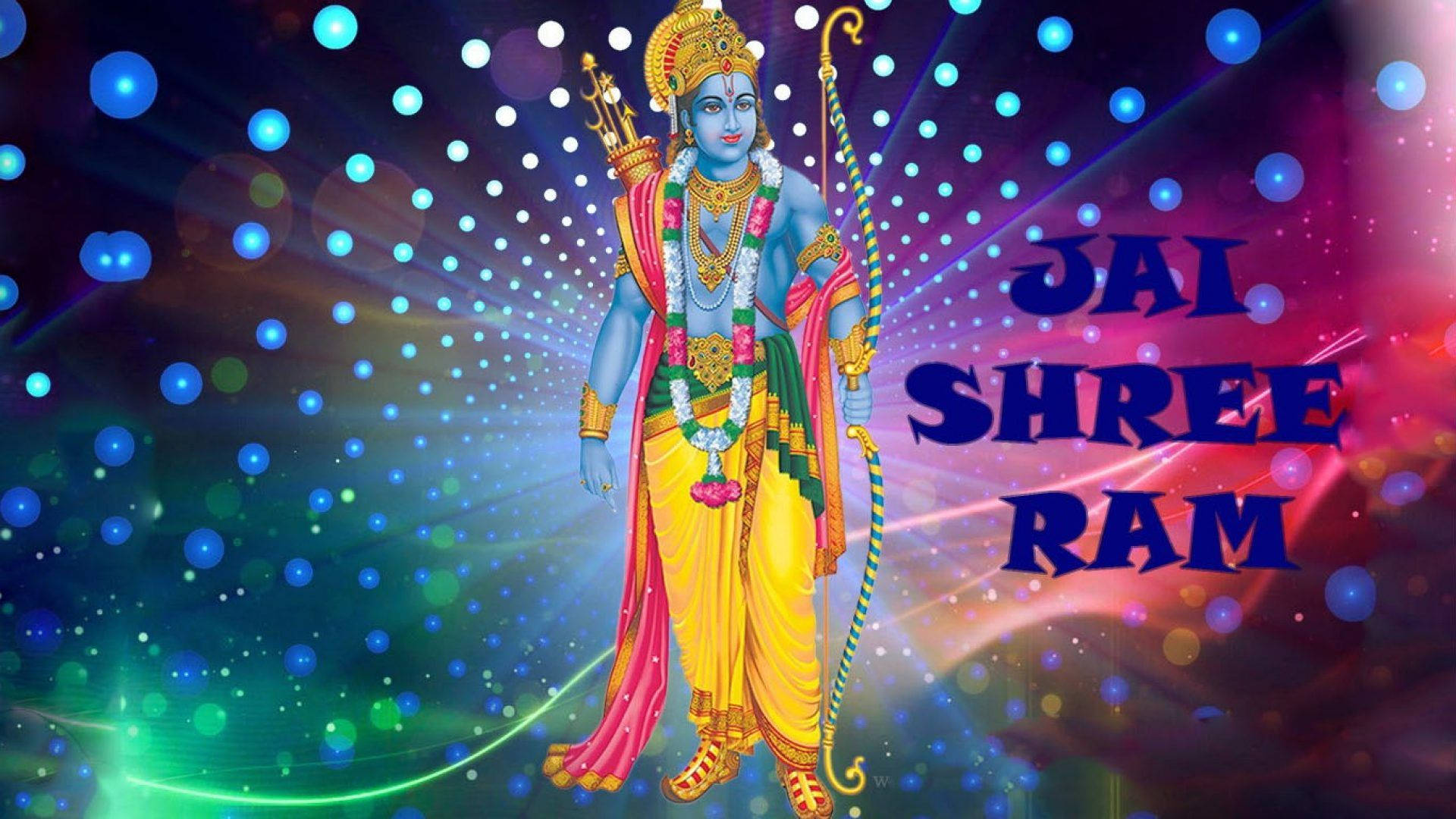 藍皮膚的印度教神祇手持弓箭，周圍環繞著發光球體和「Jai Shree Ram」文字。 — 萬福瑪哈拉賜福高清壁紙 壁紙