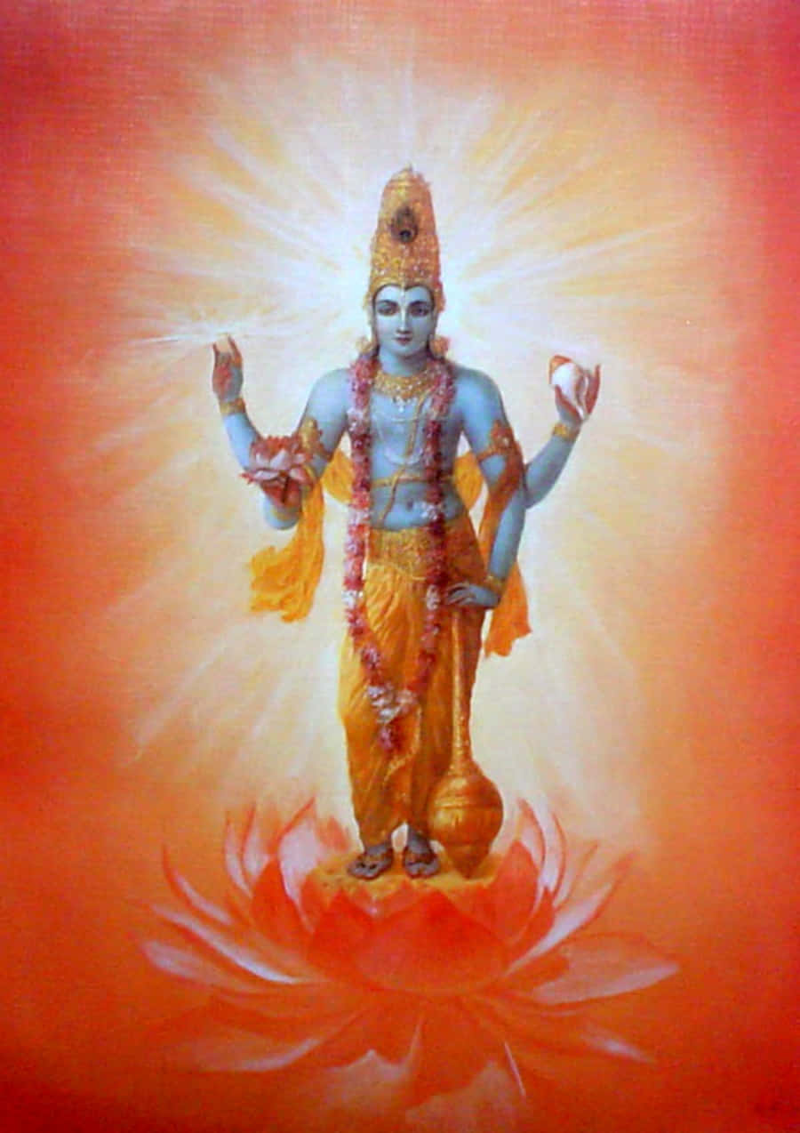 Hindu God 桌布 壁紙 — 一位閃耀藍皮膚的四臂神祇站在散發金色光芒的發光橙色蓮花上，背景是熾熱的紅橙色。