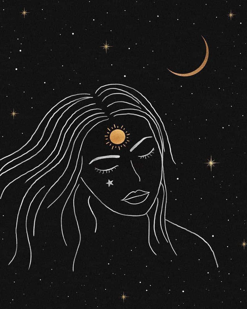 Sun And Moon Aesthetic 桌布 壁紙 — 一位閉上眼睛、額頭上有太陽的寧靜女性，在繁星點點的夜空與新月之間漂浮。