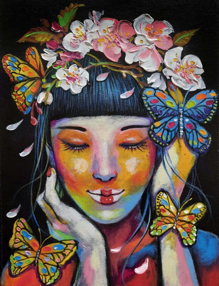 Beautiful Art 桌布 壁紙 — 一位閉上眼睛的寧靜女子戴著花冠，色彩繽紛的蝴蝶在黑暗背景中圍繞她飛舞。