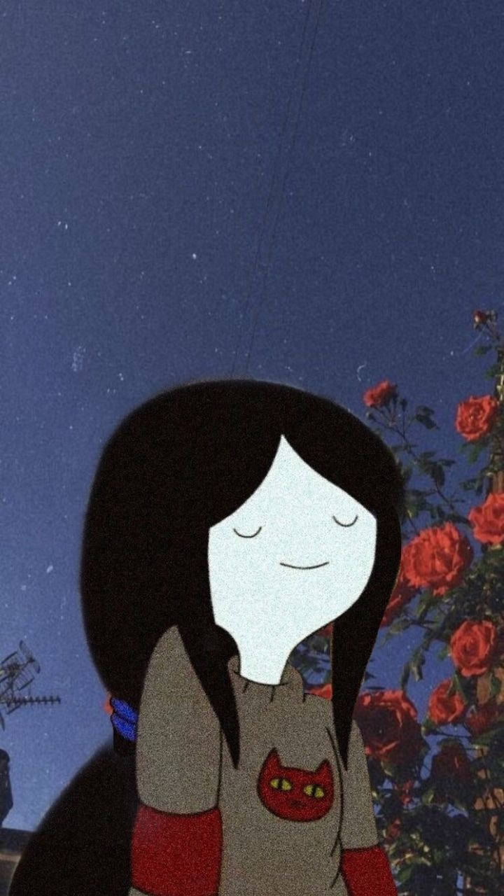 吸血鬼 桌布 壁紙 — 一位閉著眼睛的寧靜動漫女孩站在星空下，旁邊是鮮豔的紅玫瑰。