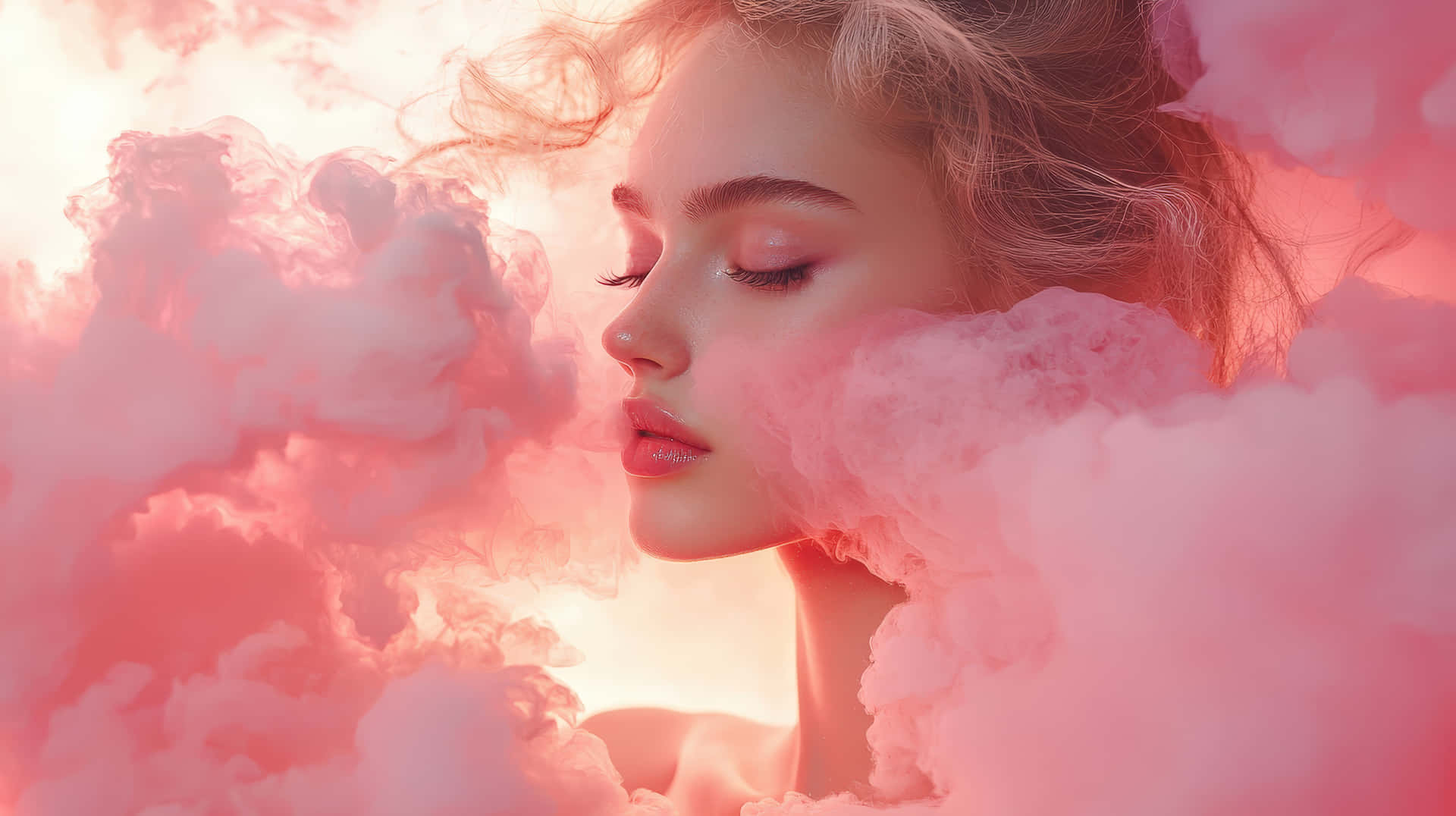Dreamy Woman Surrounded by Soft Pink Clouds in Fantasy Scene 壁紙 — 一位閉著眼睛的寧靜女性，在發光的天空下被柔和的粉紅雲朵環繞。