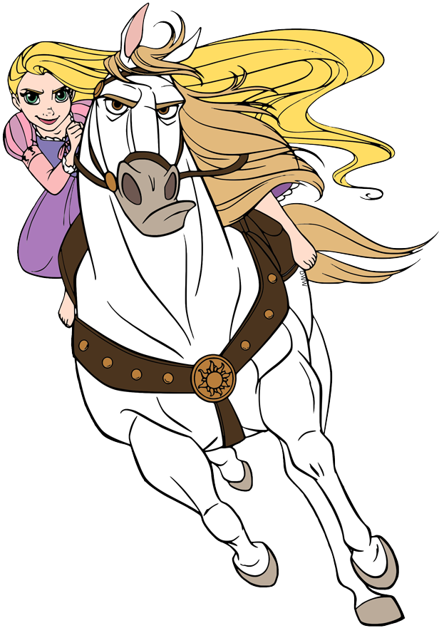 Horse Riding 桌布 壁紙 — 一位開心的公主，飄逸的金髮，騎著一匹奔騰的白馬，馬匹配有棕色韁繩和太陽標誌。