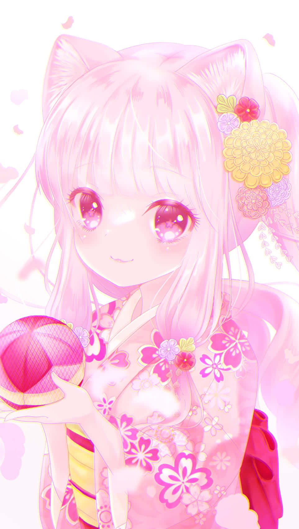girly pink aesthetic 桌布 壁紙 — 一位開心的動漫女孩，擁有粉紅色貓耳和花卉和服，在柔和發光的背景下拿著粉紅色燈籠。