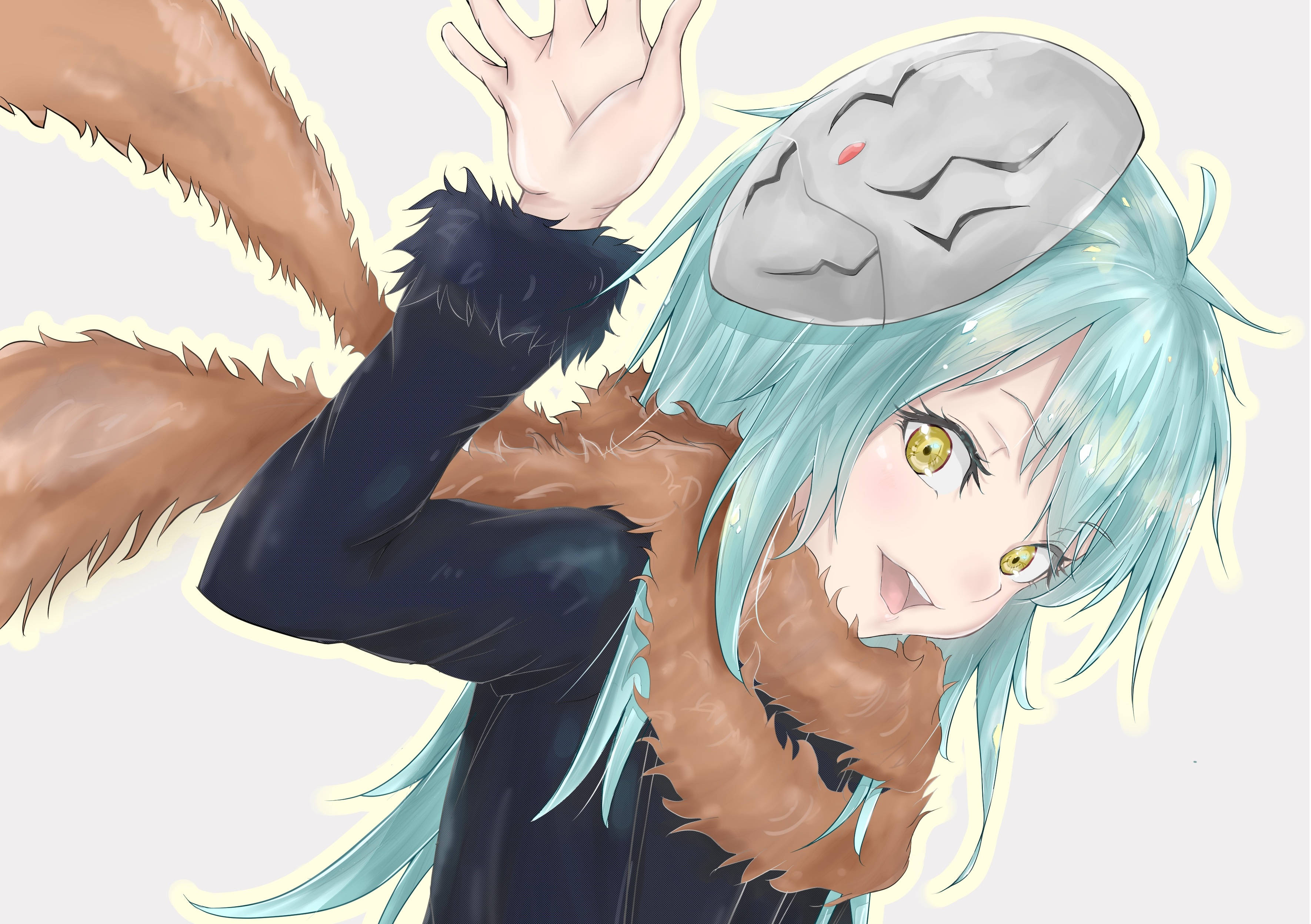 Rimuru 桌布 壁紙 — 一位開心的動漫女孩，擁有綠松石色頭髮和狐狸般的尾巴，戴著口罩和毛邊外套揮手。