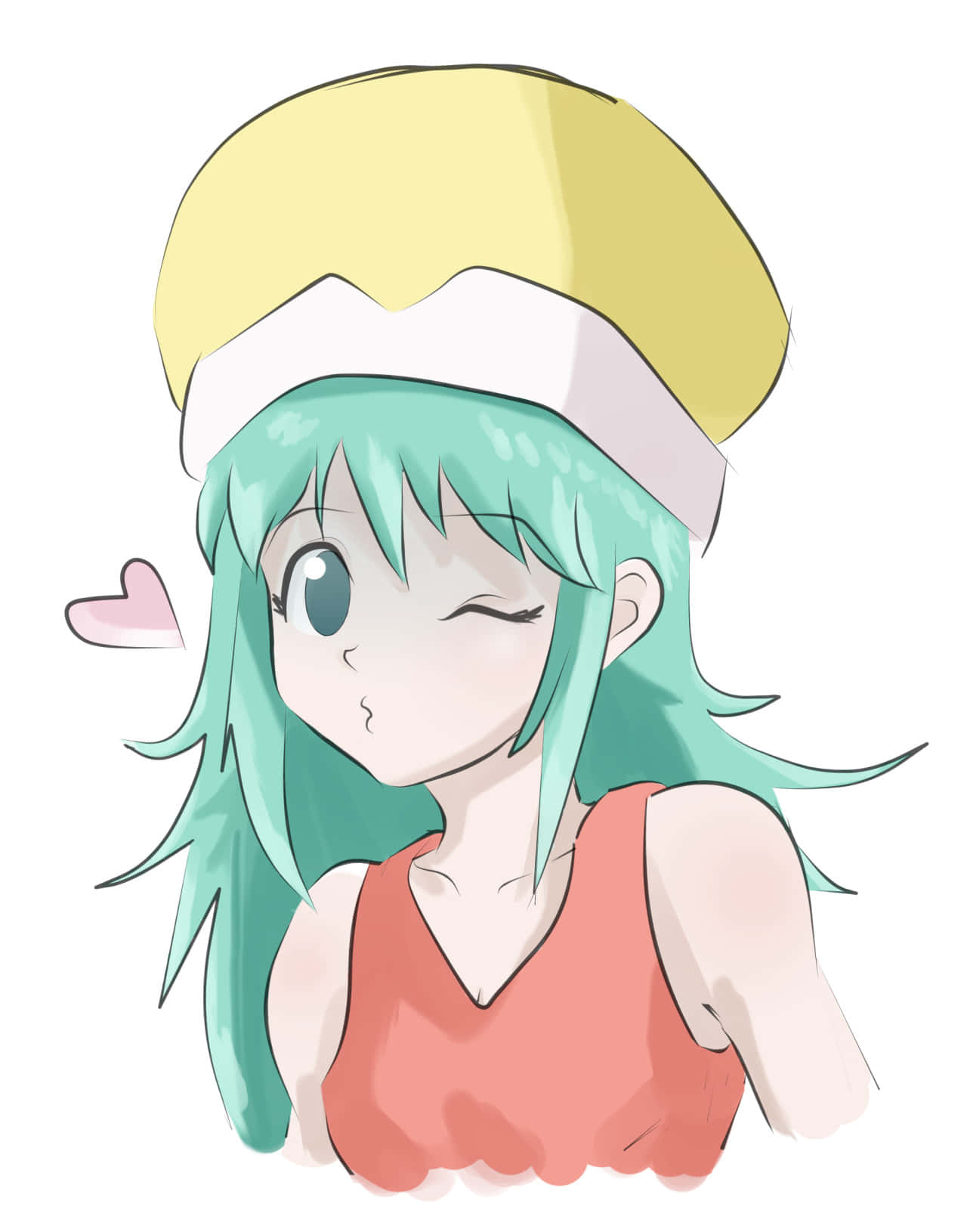 Hunter X Hunter Ponzu 桌布 壁紙 — 一位開心的動漫女孩，擁有薄荷綠頭髮和黃色貝雷帽，俏皮地眨眼，旁邊漂浮著一個粉紅色的心形。