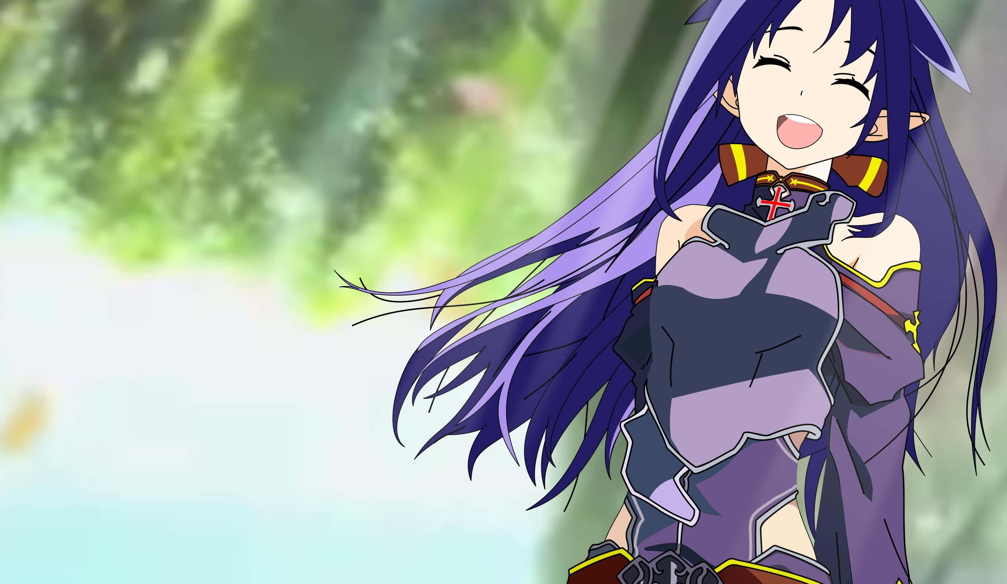 Yuuki Konno 桌布 壁紙 — 一位開心的動漫女孩，擁有長長的紫色頭髮和精靈耳朵，在明亮的森林環境中歡快地大笑。