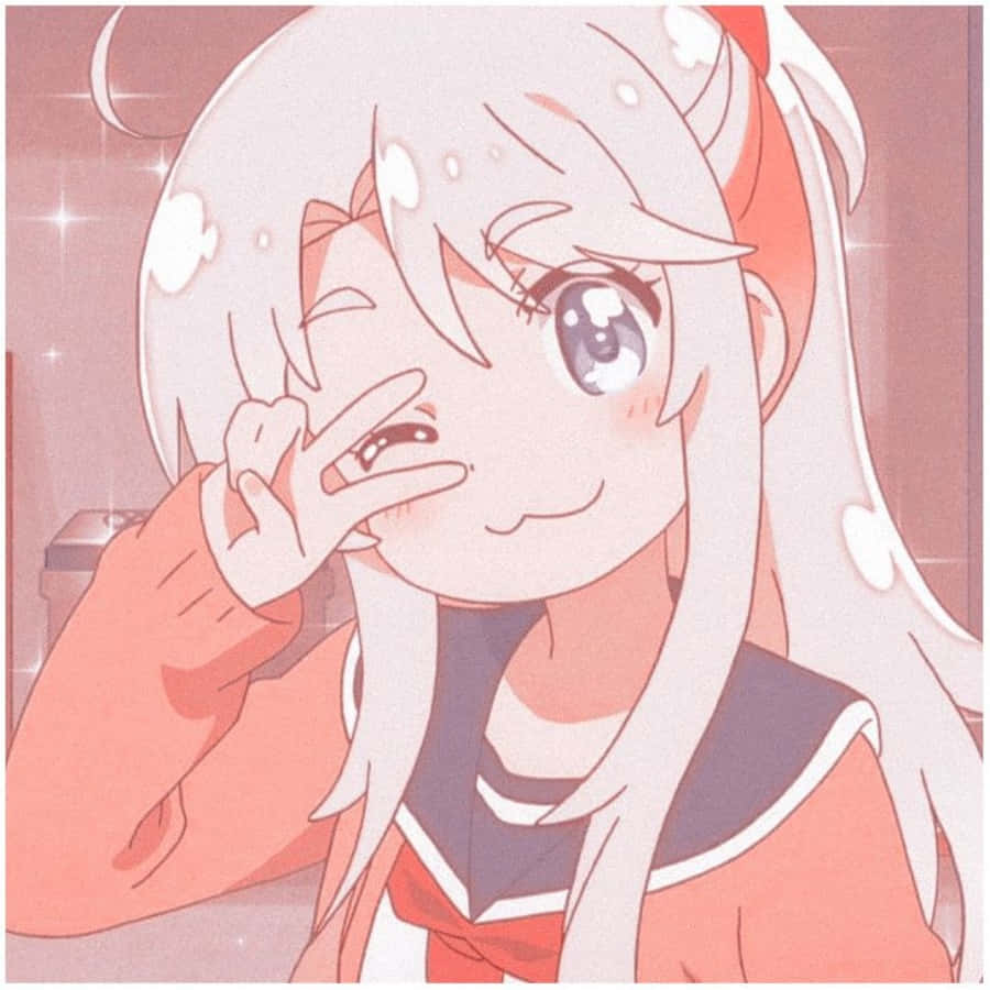 Aesthetic Anime Profile 桌布 壁紙 — 一位開心的動漫女孩，白髮紅蝴蝶結，在閃閃發光的粉紅背景上比出和平手勢。