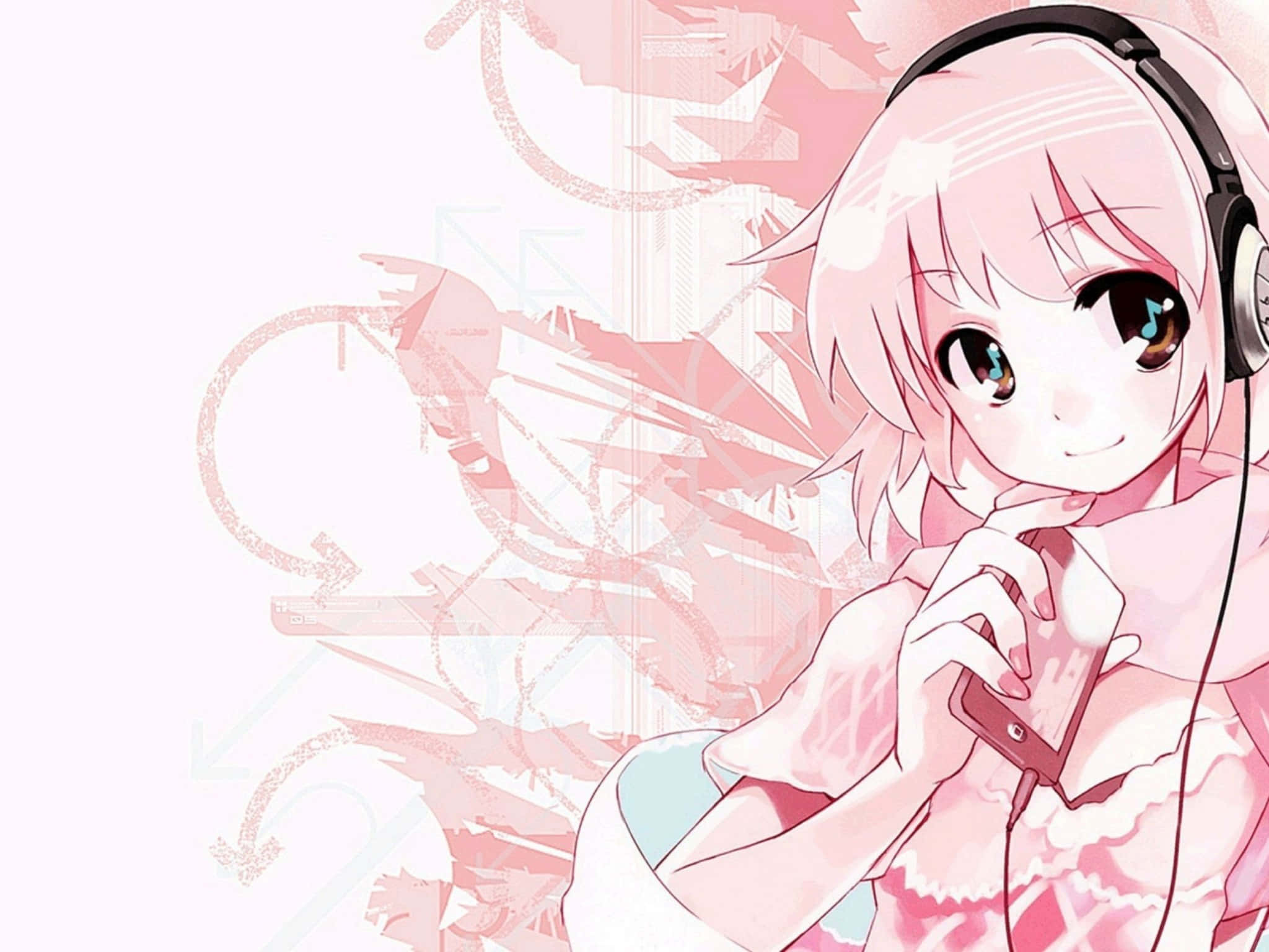 Cartoon Music 桌布 壁紙 — 一位開心的動漫女孩，粉紅色頭髮，戴著耳機，拿著手機，在柔和的粉紅色抽象背景前微笑。
