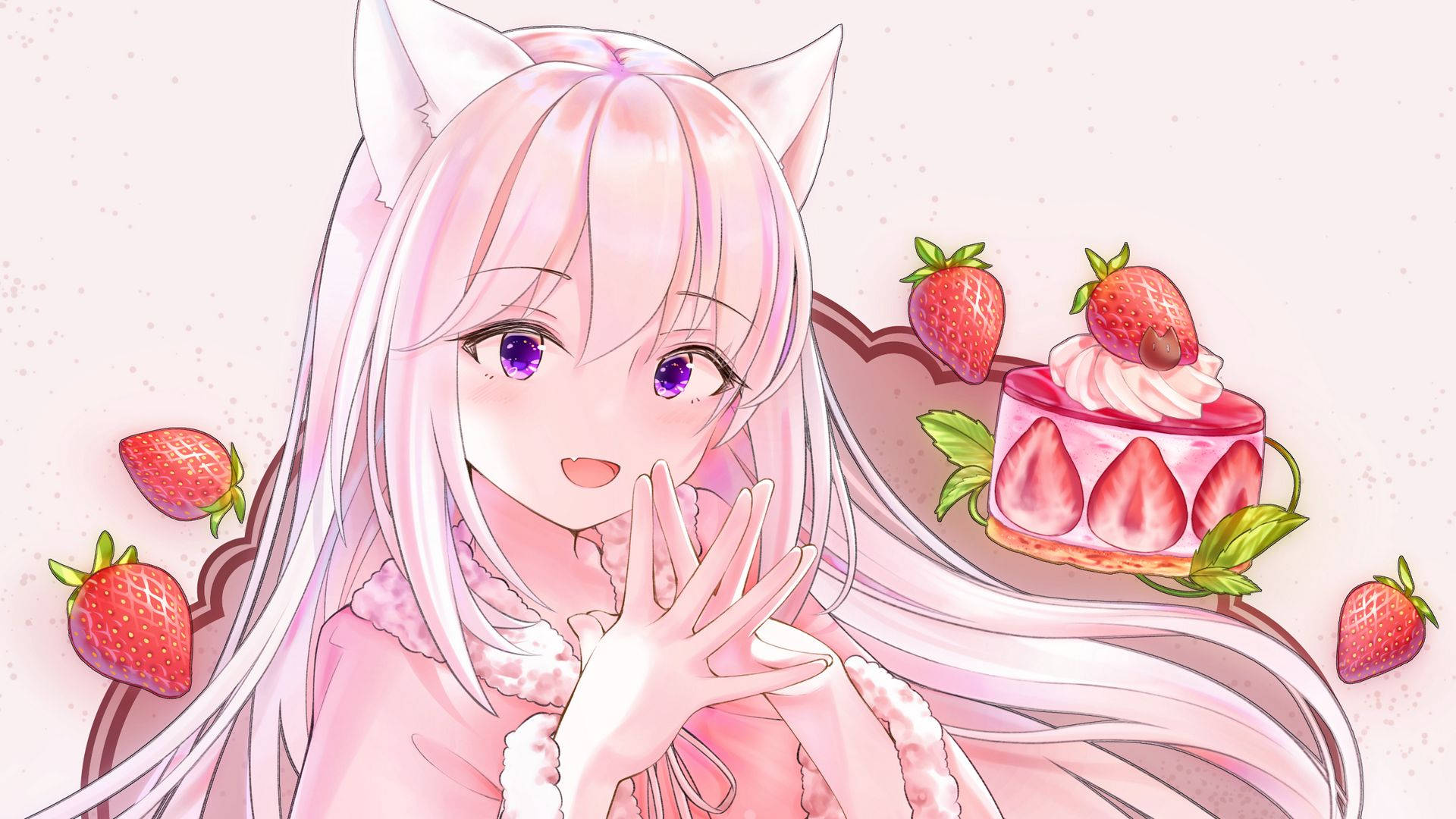 Strawberry 桌布 壁紙 — 一位開心的動漫女孩，粉紅色頭髮和貓耳朵，微笑地站在一個被新鮮草莓包圍的草莓蛋糕旁邊。