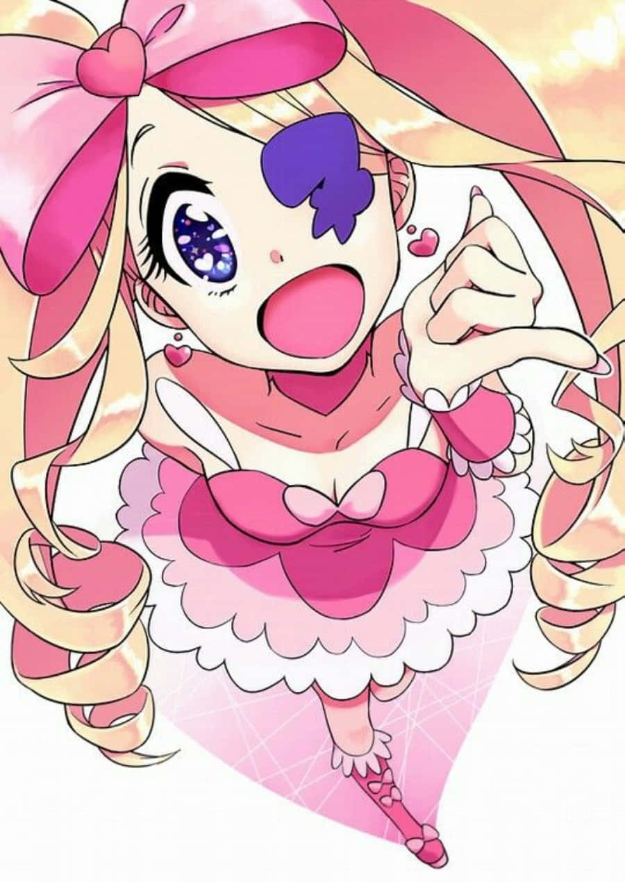 Nui Harime 桌布 壁紙 — 一位開心的動漫女孩，粉紅色頭髮和星星眼睛，穿著荷葉邊粉紅色服裝，興奮地指向柔和的日落天空。