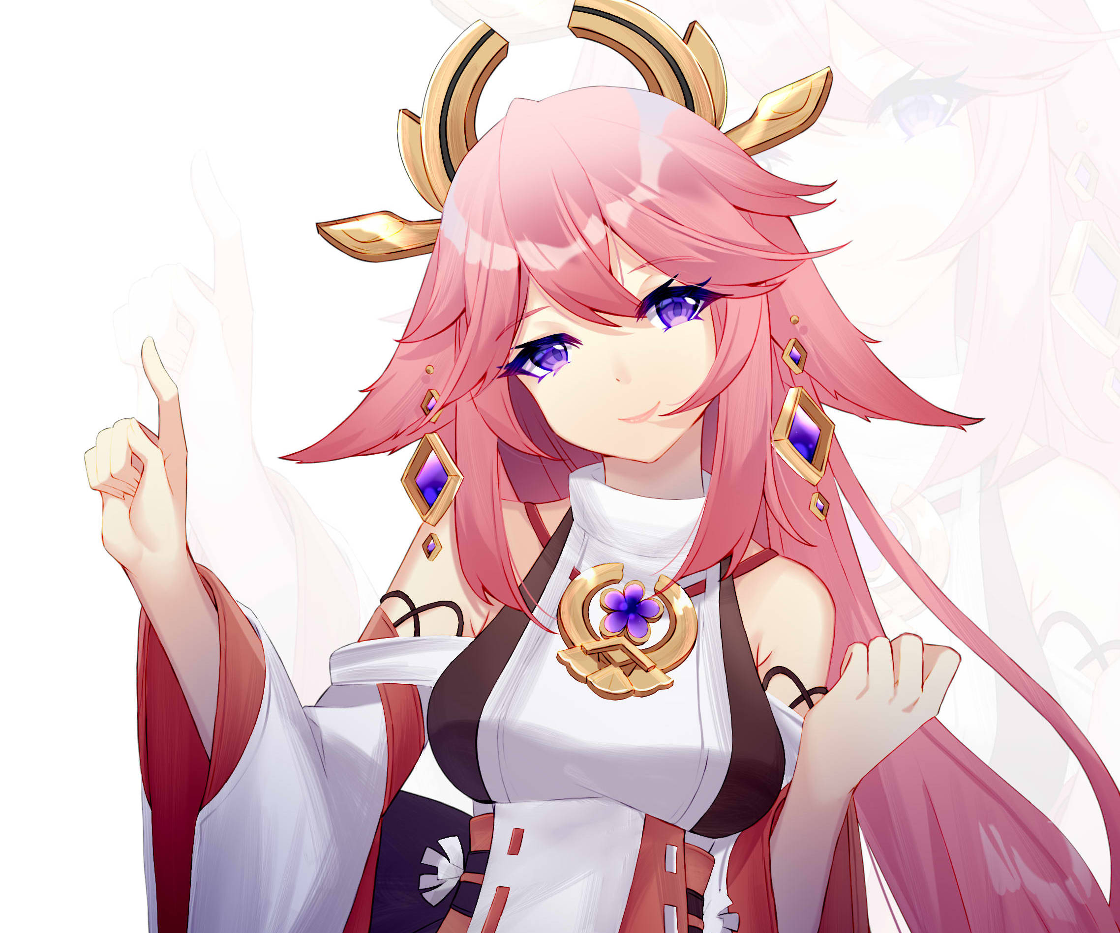 Miko 桌布 壁紙 — 一位開心的動漫女孩，粉紅色頭髮和金色角，向上指著，穿著帶有紫色點綴的白色和紅色服裝。