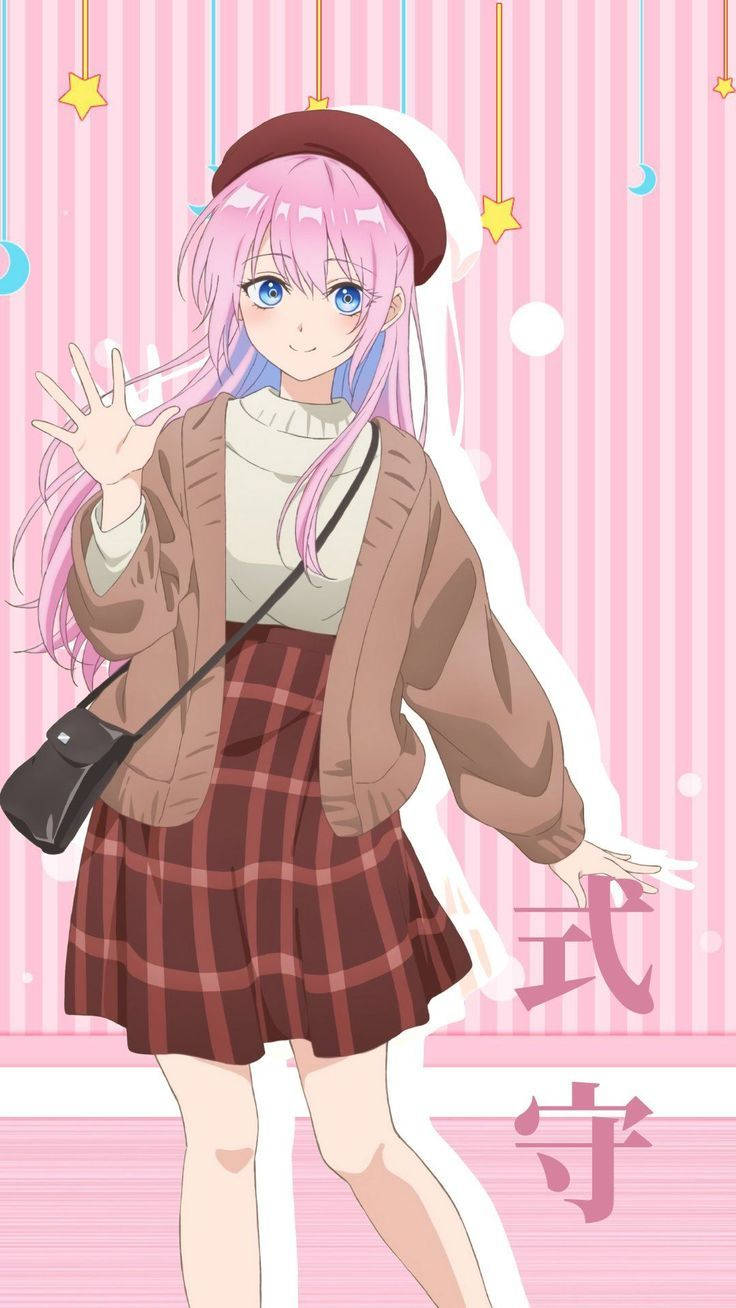 動漫女孩 桌布 壁紙 — 一位開心的動漫女孩，粉紅色頭髮和藍色眼睛，在粉紅色條紋背景上掛著星星和月亮的背景下愉快地揮手。