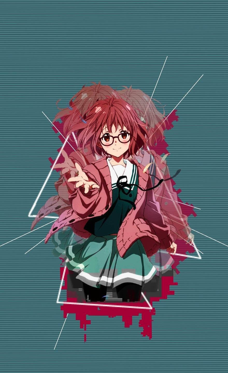 Aesthetic Anime Phone 桌布 壁紙 — 一位開心的動漫女孩，紅髮戴眼鏡，在帶有故障效果粉紅和白色幾何圖案的青綠色背景前向前指著。