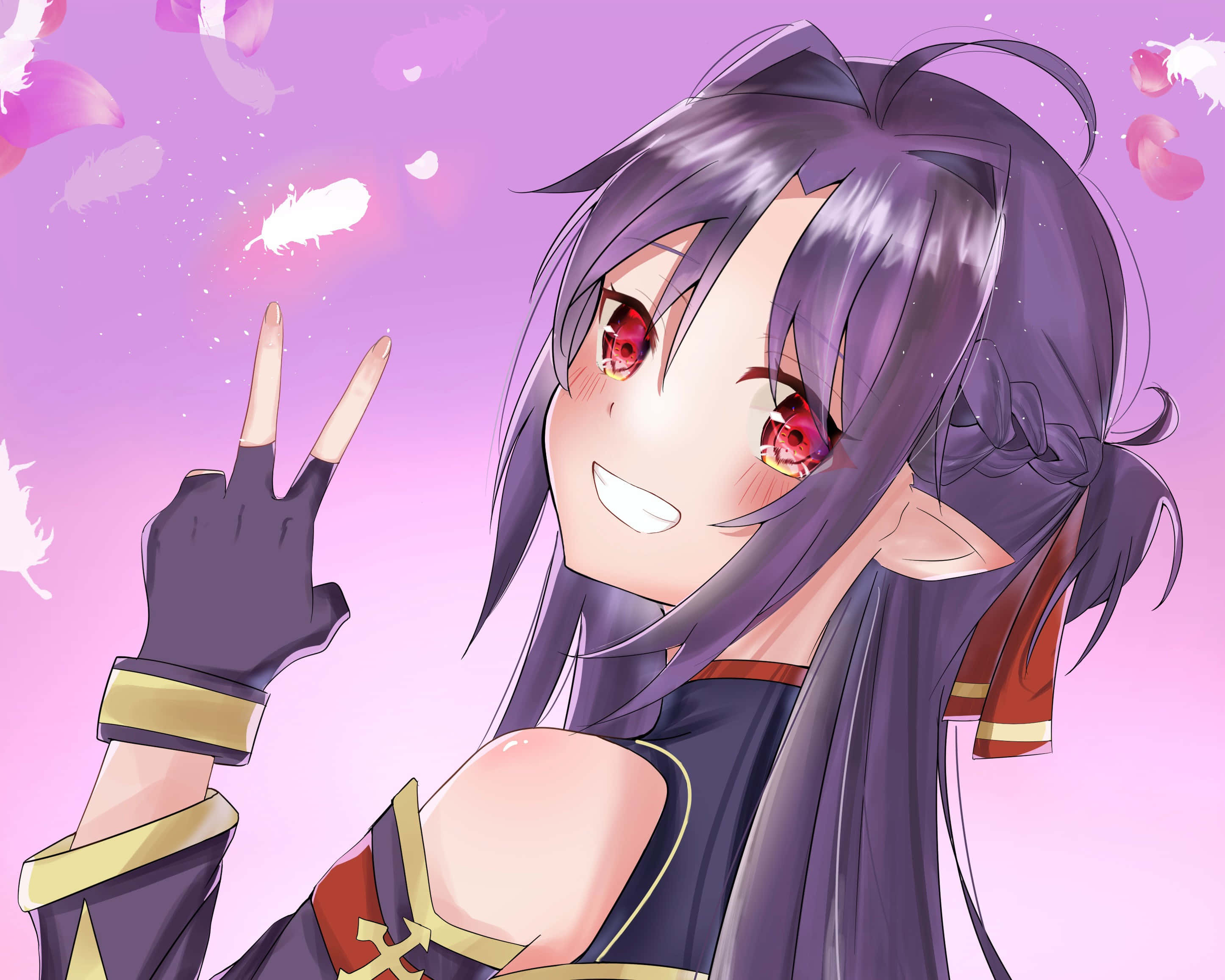 Yuuki Konno 桌布 壁紙 — 一位開心的動漫女孩，紫色頭髮、紅色眼睛，在柔和的粉紅色背景中微笑並比出和平手勢，周圍有飄浮的花瓣。