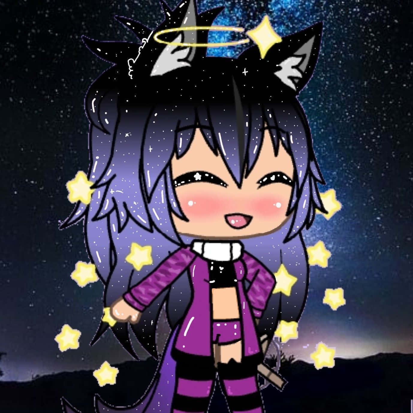 Gacha 桌布 壁紙 — 一位開心的動漫女孩，紫色頭髮和狼耳朵，在星光燦爛的夜空下微笑，周圍環繞著發光的黃色星星。