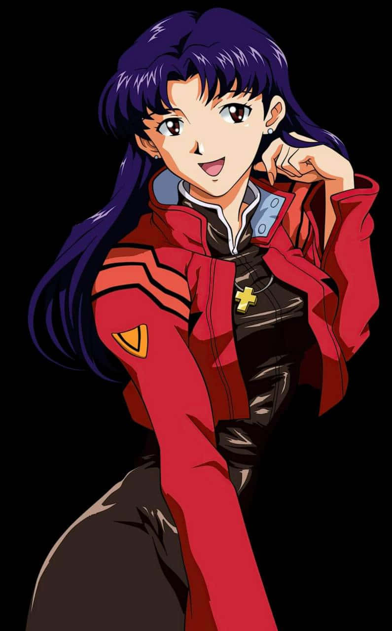Misato Katsuragi 桌布 壁紙 — 一位開心的動漫女孩，紫色頭髮和紅色外套，在黑色背景前微笑擺姿勢。