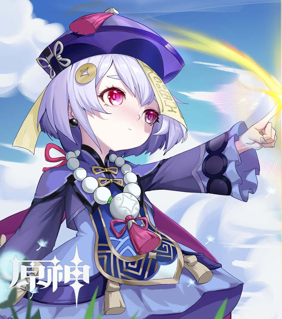 Genshin Impact Qiqi 桌布 壁紙 — 一位開心的動漫女孩，紫色頭髮和紅色眼睛，在藍天白雲下施展明亮的黃色魔法咒語。