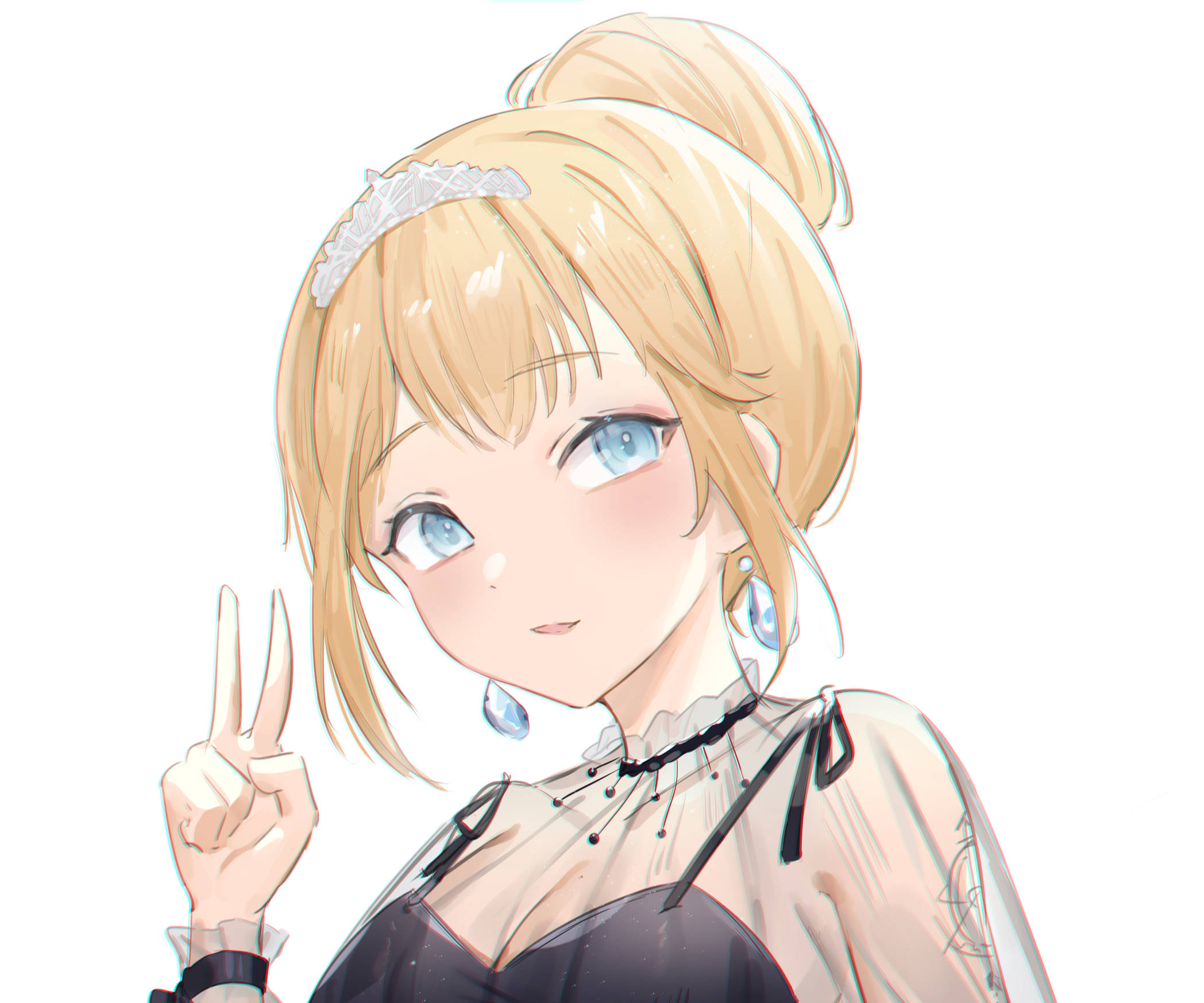 Amelia 桌布 壁紙 — 一位開心的動漫女孩，金髮藍眼，微笑著比出和平手勢。