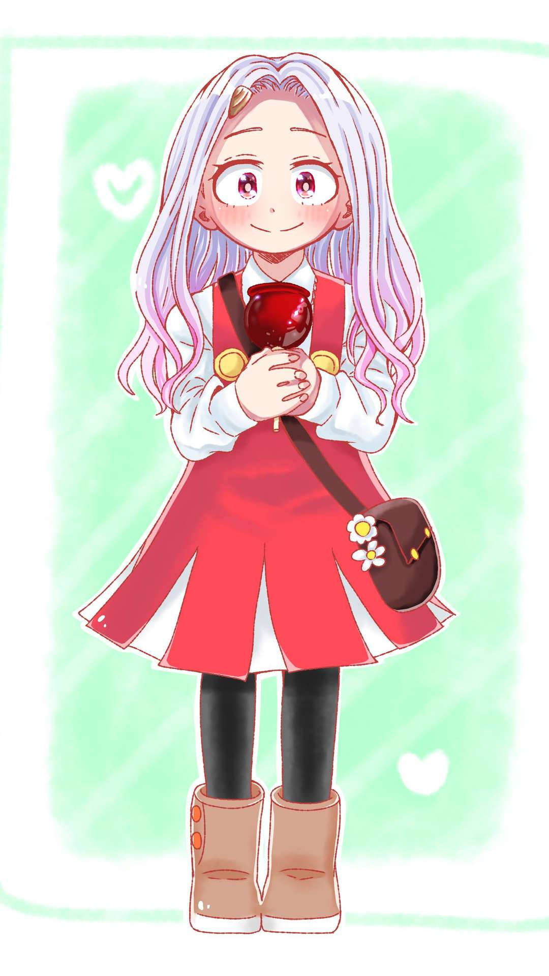 動漫女孩 桌布 壁紙 — 一位開心的動漫女孩，銀色頭髮，穿著紅色連衣裙和棕色靴子，在柔和的綠色背景前手持一朵紅玫瑰。