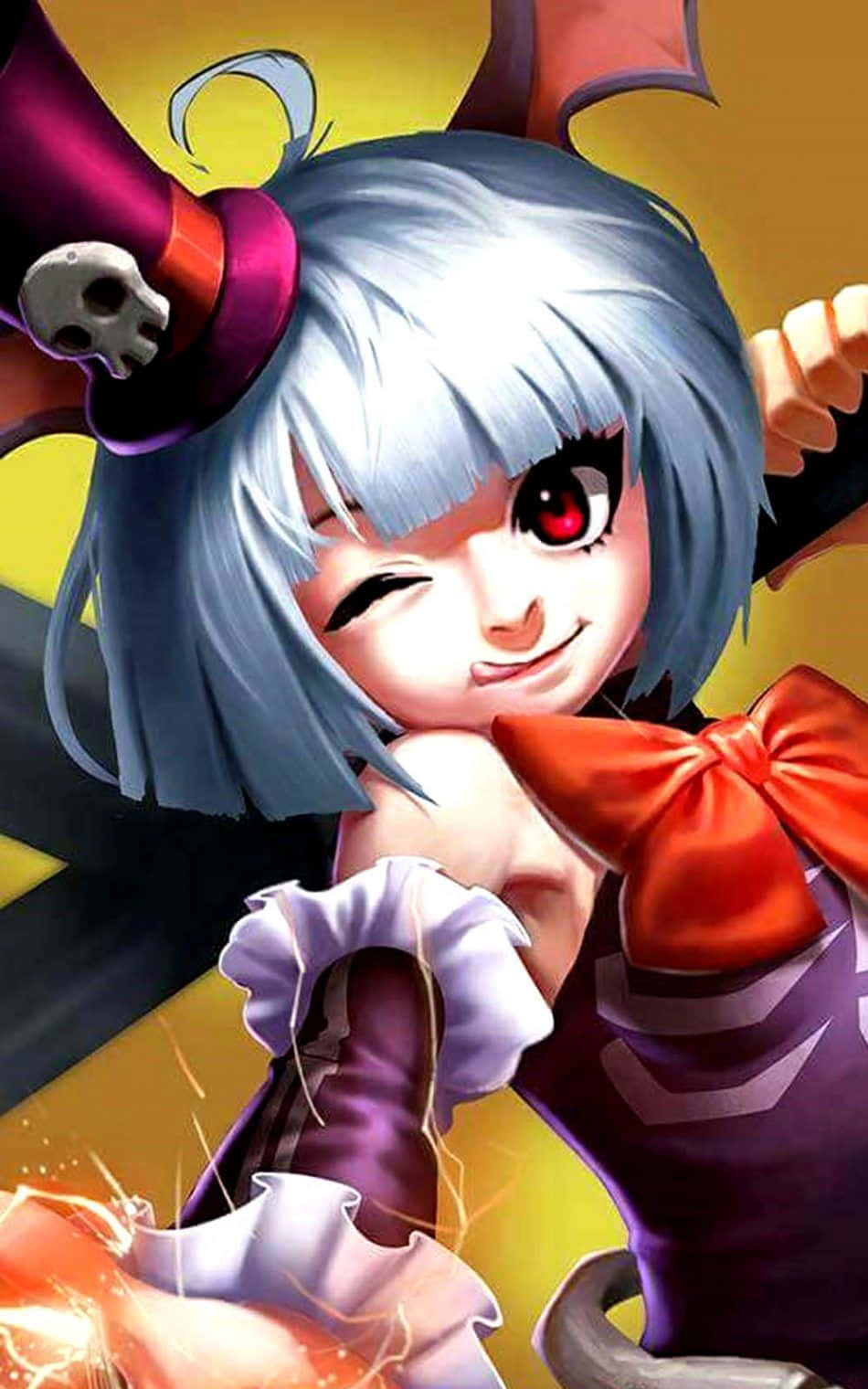 Mobile Legends 動態圖 桌布 壁紙 — 一位開心的動漫女孩，銀色頭髮和紅色眼睛，戴著骷髏帽，手持發光法杖，眨著眼。