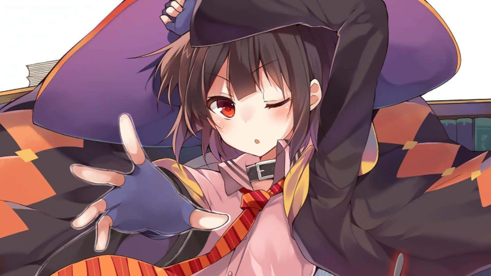 Konosuba God's Blessing On This Wonderful World 桌布 壁紙 — 一位開心的動漫女巫，紅眼睛，戴著紫色帽子，俏皮地向觀眾做手勢。