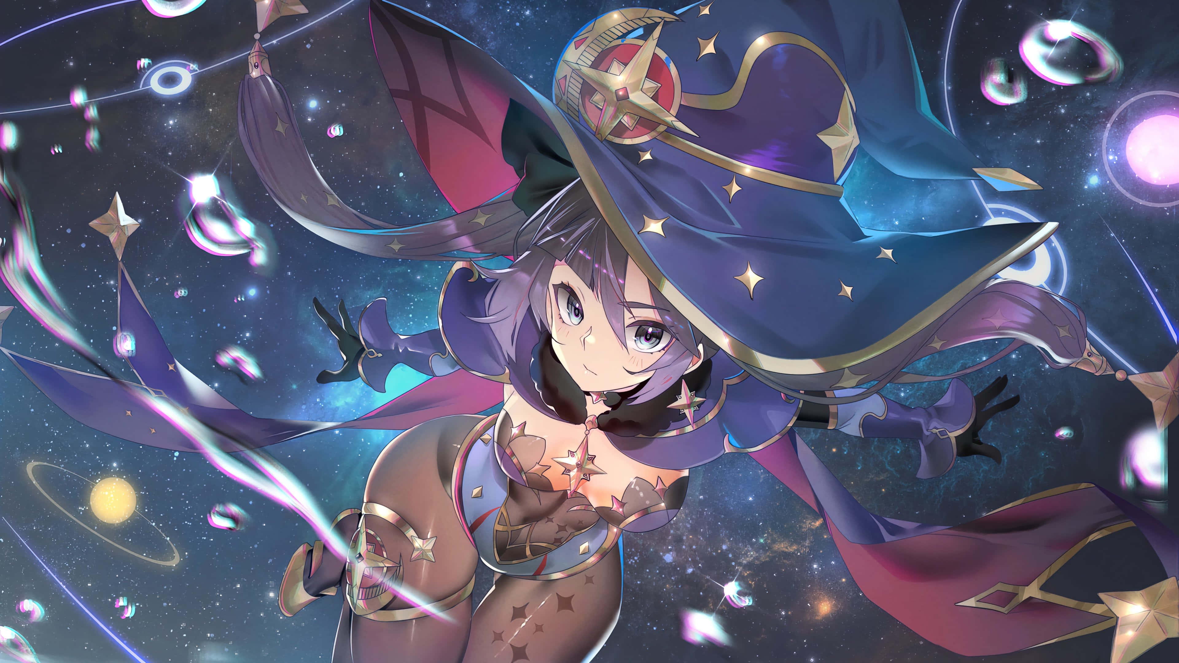 Genshin Impact Mona 桌布 壁紙 — 一位開心的動漫女巫，紫色頭髮，戴著星星裝飾的帽子，漂浮在旋轉的宇宙氣泡和發光的天體之間。