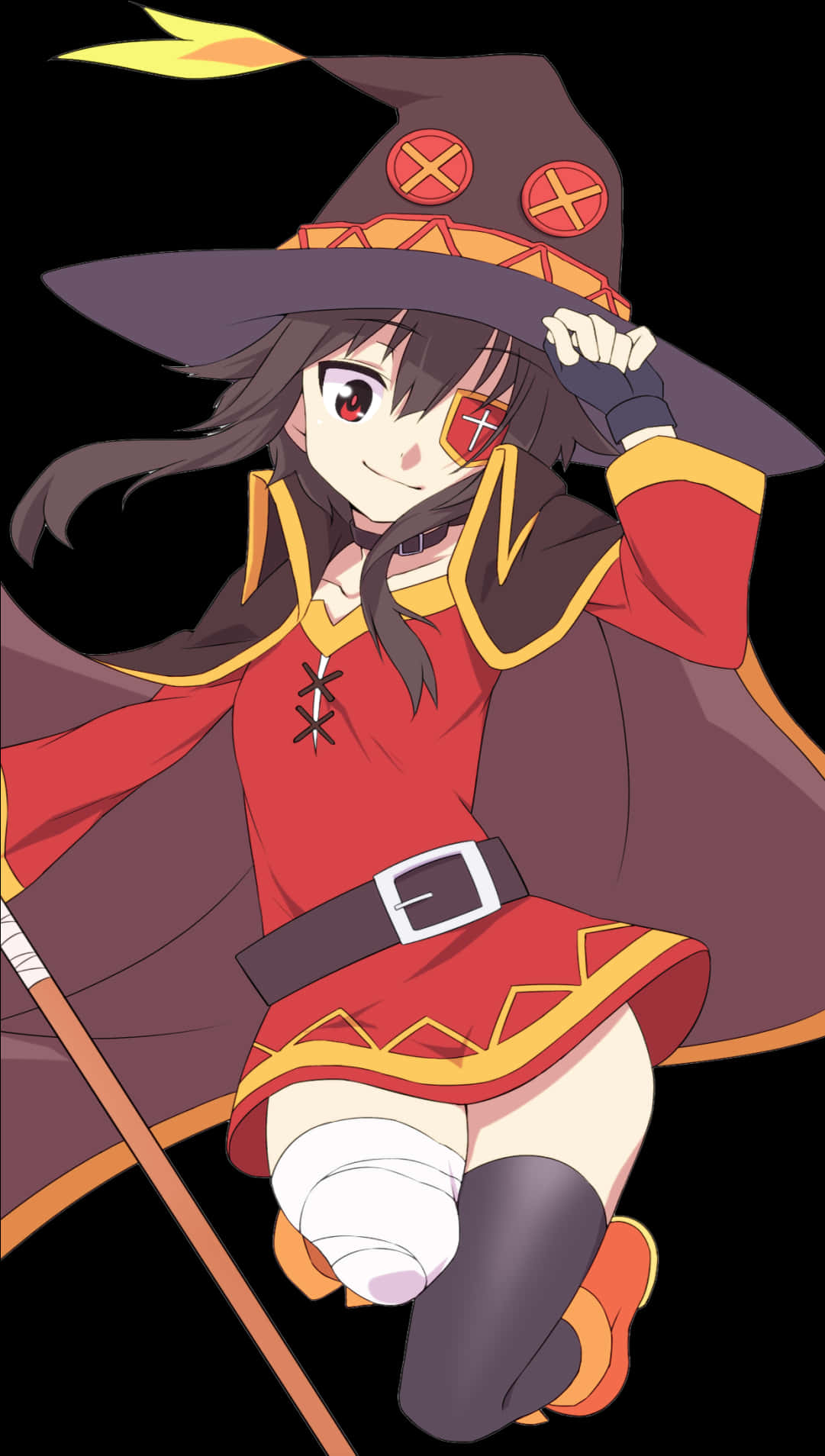 Megumin 桌布 壁紙 — 一位開心的動漫女巫，身穿紅金色服裝，戴著寬邊帽和眼罩，微笑著拿著帽子。