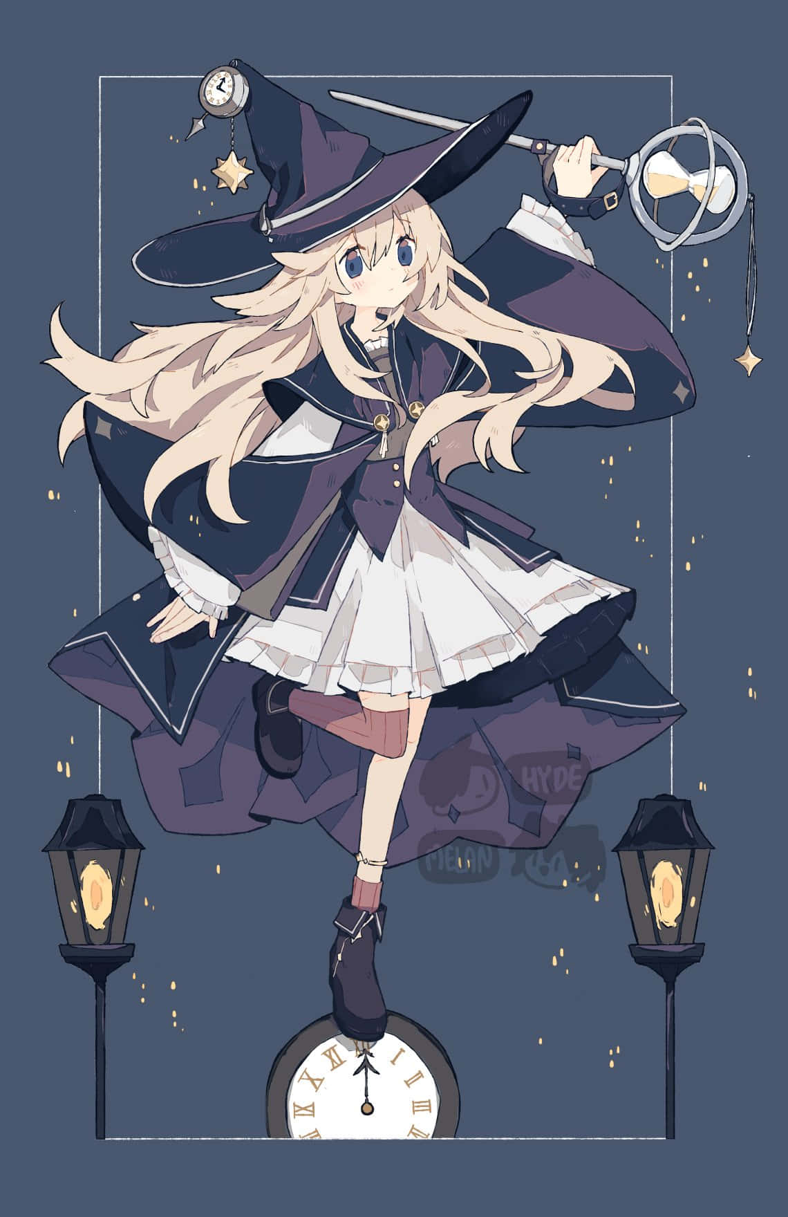 森林中的神祕魔幻時刻 壁紙 — 一位開心的動漫女巫，金髮，在時鐘上保持平衡，手持帶有擺錘的魔杖，周圍有星星漂浮。