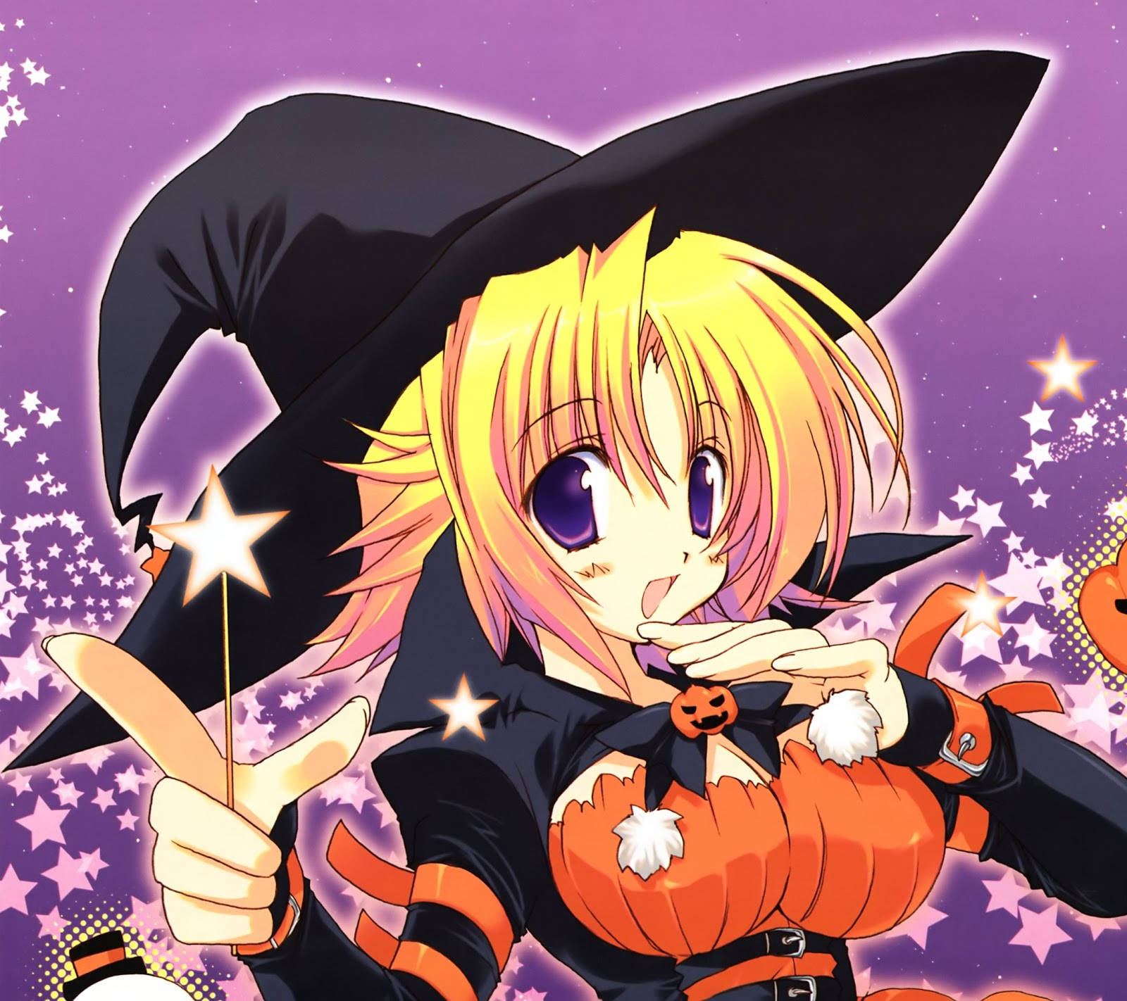 Anime Halloween 桌布 壁紙 — 一位開心的動漫女巫，金髮紫眼，在閃爍的紫色背景前拿著發光的星星魔杖。
