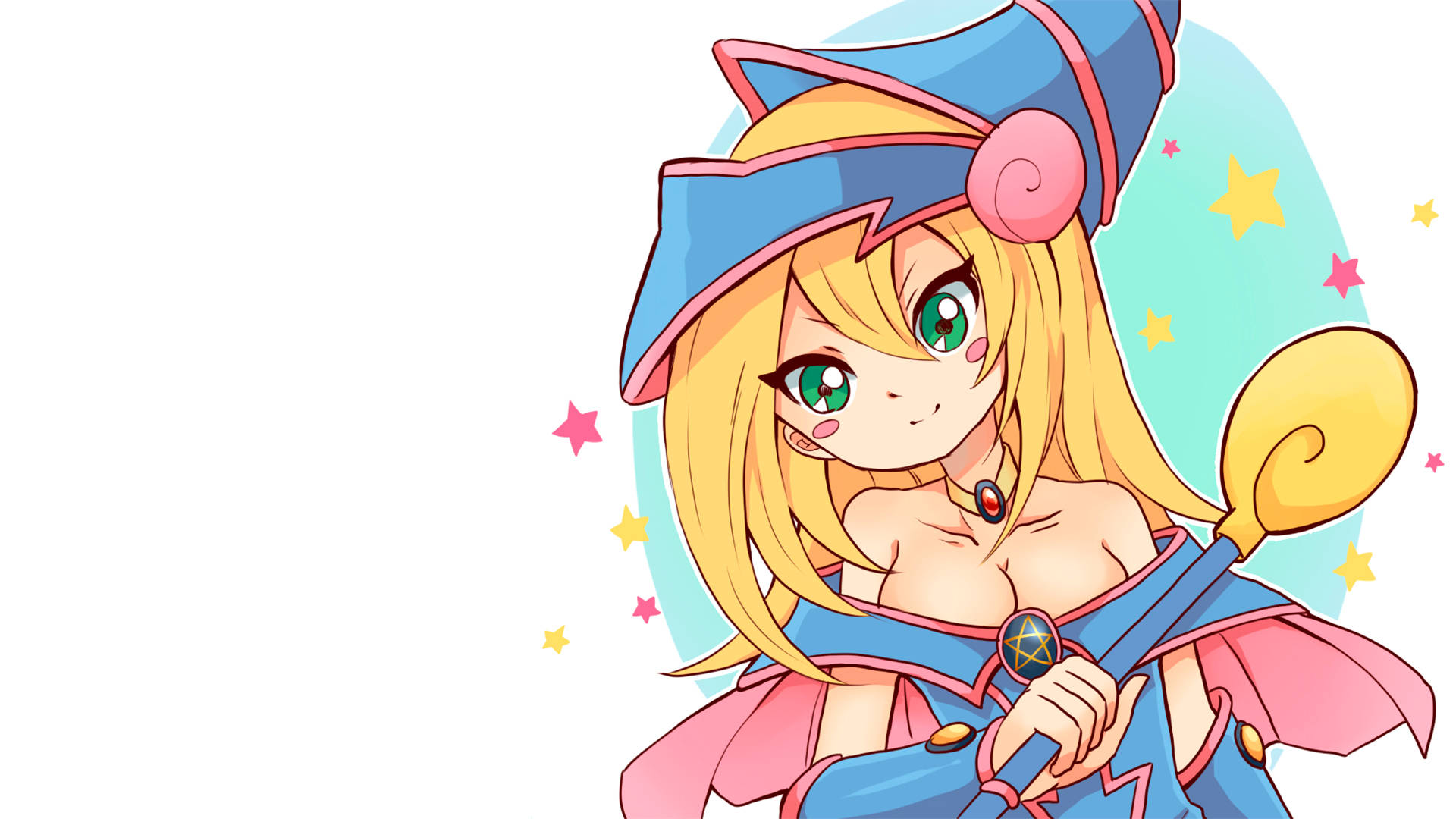 Yugioh 桌布 壁紙 — 一位開心的動漫女巫，金髮綠眼，在星空粉彩背景中揮舞魔法棒。
